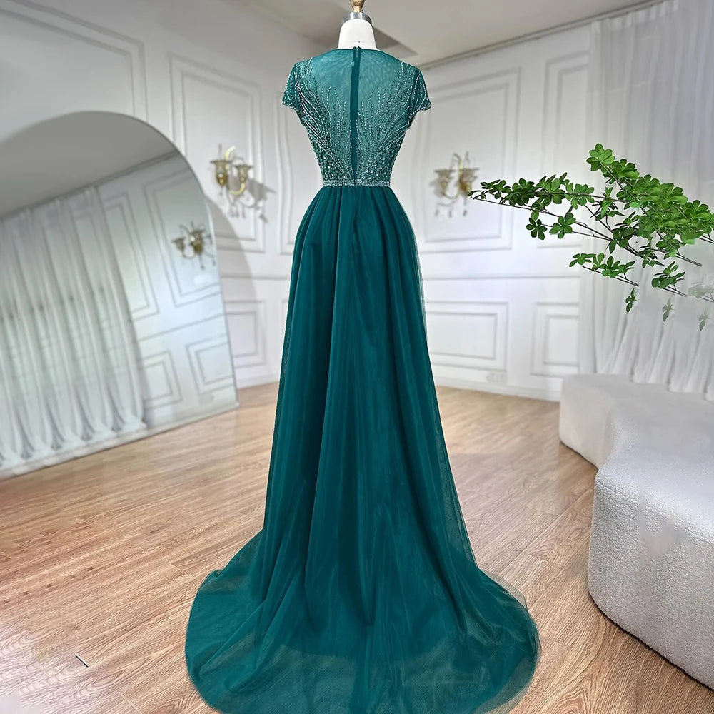 Elegant Green Mermaid Evening Gown with Beaded Overskirt - Luxury Dubai Style Wedding Dress for Women | Perfect for Formal Parties, Red Carpet Events & Special Occasions 2025 LA72241