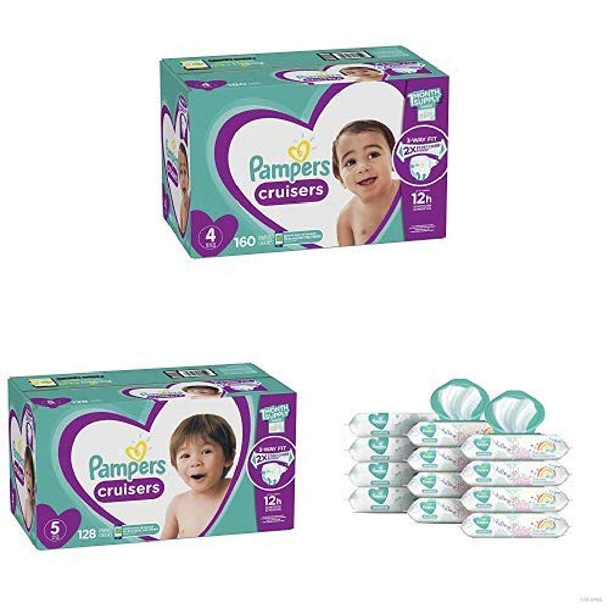 **Pampers Cruisers Disposable Baby Diapers Bundle - Size 4 (160 Count) & Size 5 (128 Count) with Sensitive Water-Based Baby Wipes (12 Packs, 864 Wipes) | Gentle for Newborns & Toddlers | Daycare, Travel & Overnight Protection**