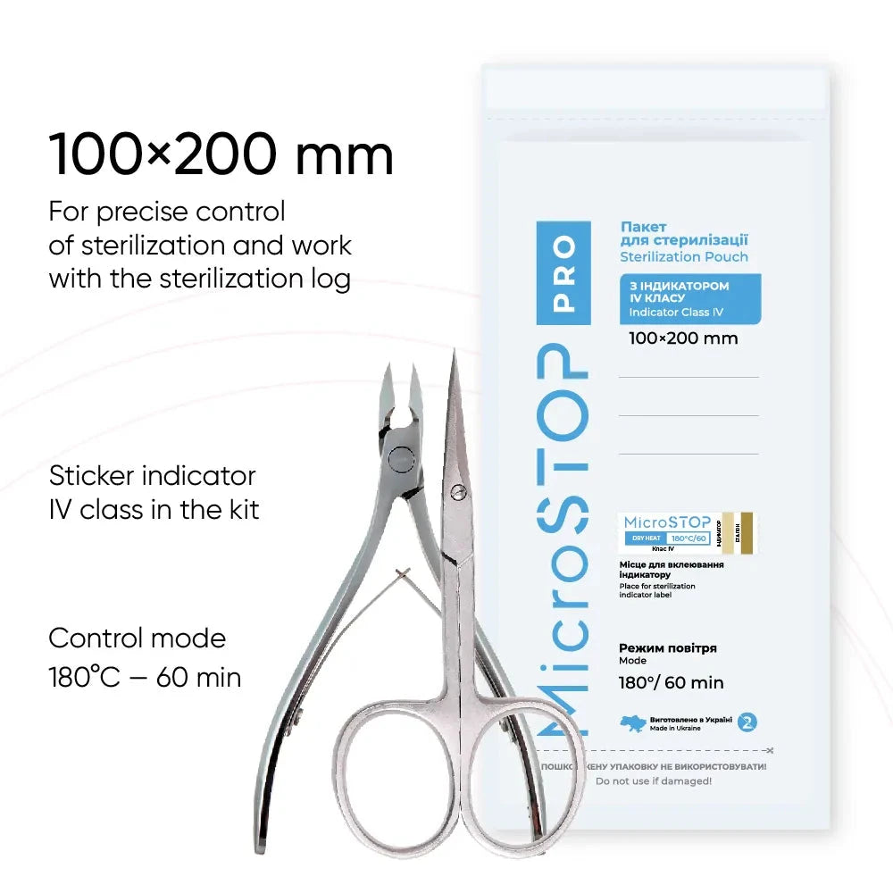 MicroStop PRO Dry Heat Sterilization Pouches with Class 4 Indicator - 100x200 mm (100 pcs) - Self-Sealing Sterilization Bags for Dental Tools, Tattoo Needles & Medical Instruments - Autoclave Safe with Sticker for Easy Labeling