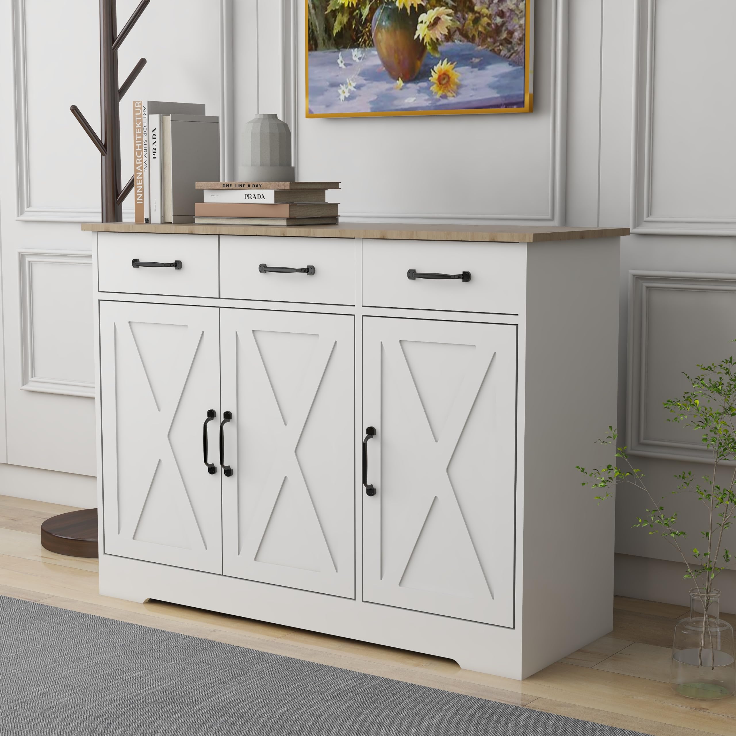 RASOO White 3-Door Sideboard Buffet Cabinet with 3 Drawers - Farmhouse Style Kitchen Storage Cabinet with Cross Doors for Dining Room, Living Room & Home Decor - Perfect for Entertaining Guests & Organizing Dishes