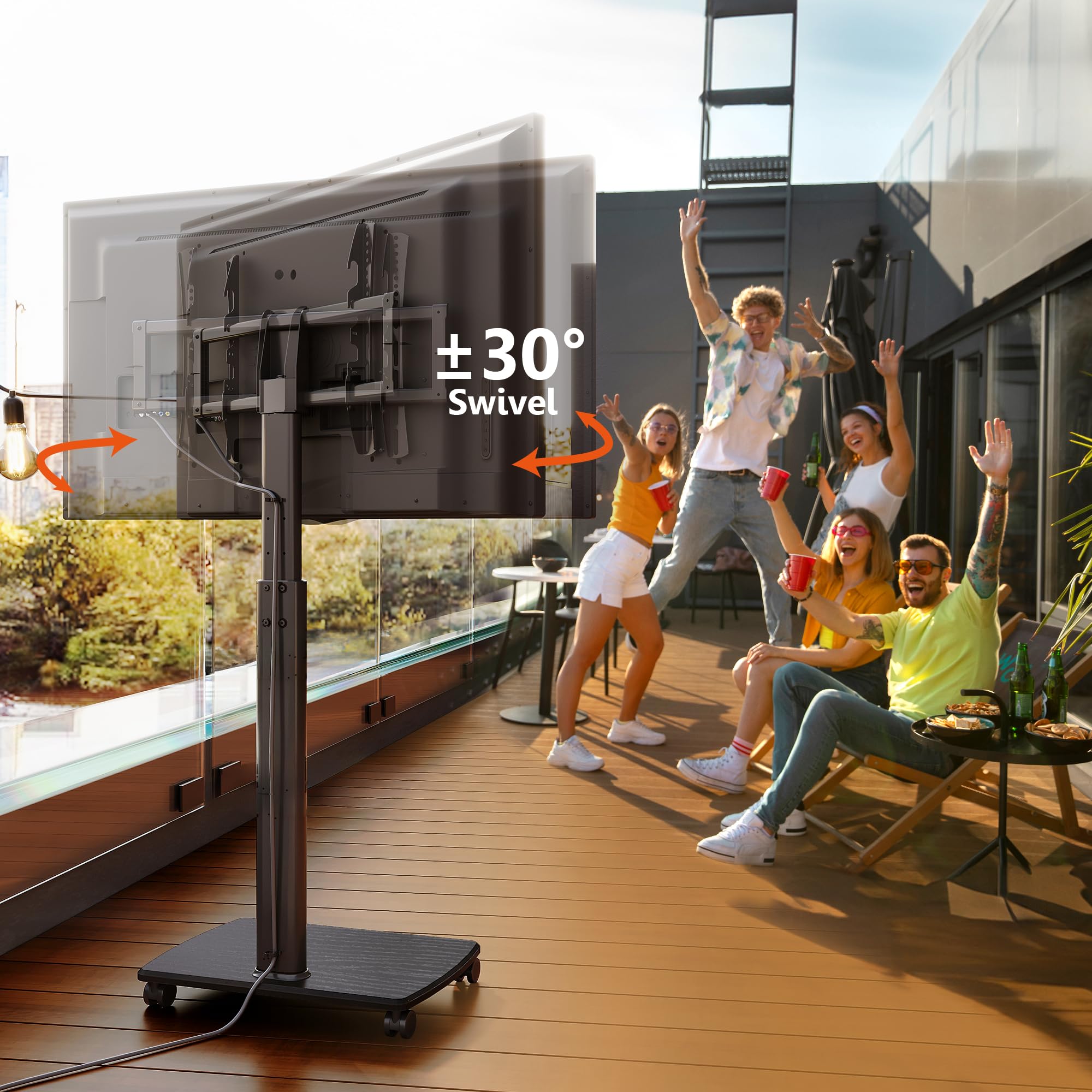FITUEYES Rolling TV Stand with Power Outlets - Swivel Mobile TV Cart for 32-70 Inch Flat/Curved Screens (LCD/LED/OLED) - Height Adjustable with Wood Base - Supports up to 99Lbs - Black - Perfect for Living Rooms, Bedrooms & Home Theaters