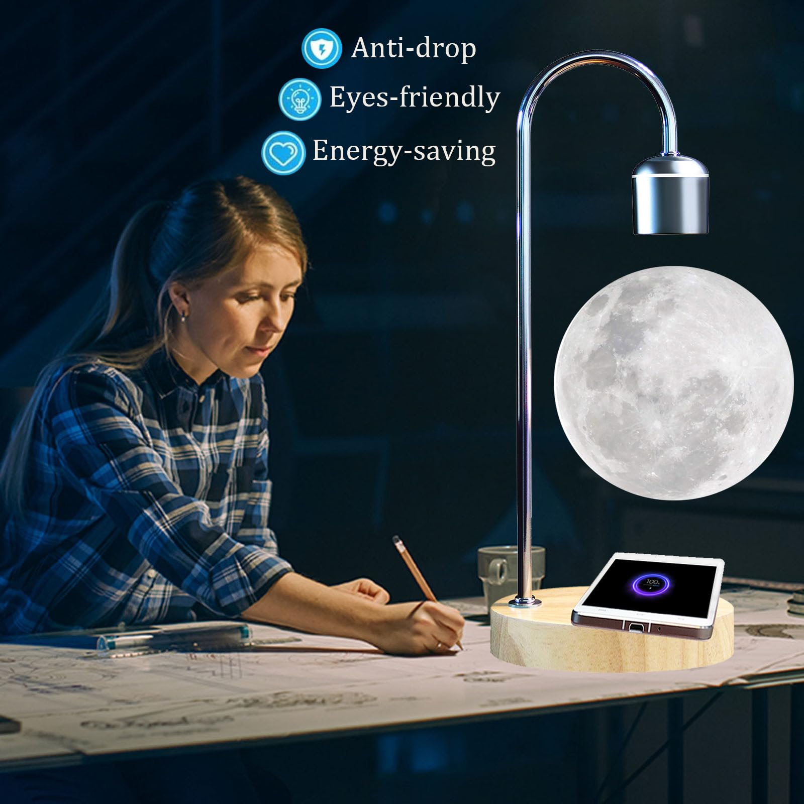 Levitating Moon Lamp with Wireless Charger - Floating LED Night Light for Apple & Android - Magnetic Levitation 3D Desk Lamp for Home Office Decor, Unique Christmas Gift - Perfect for Bedroom, Nursery & Romantic Ambiance
