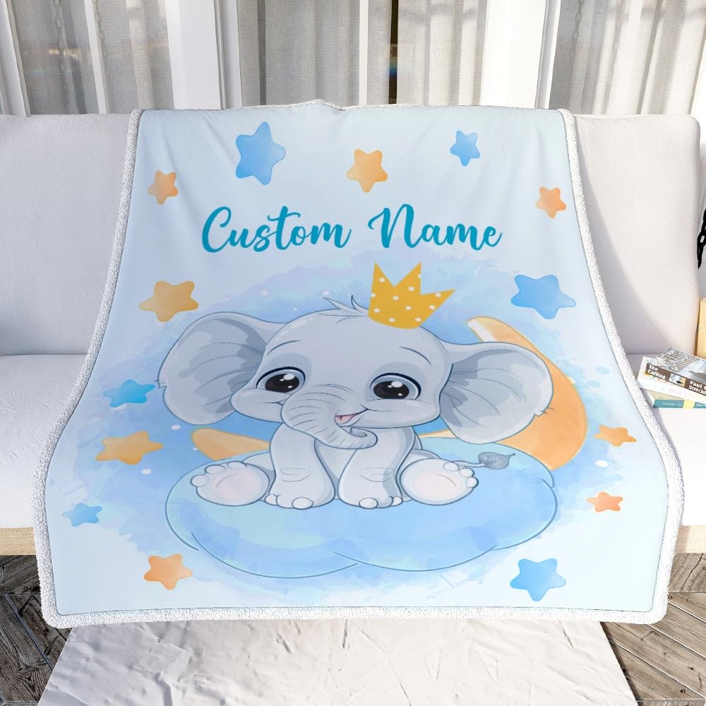 Personalized Baby Blanket with Elephant & Stars Design - Custom Fleece Blanket for Newborn Boys, Girls, Grandkids - 50