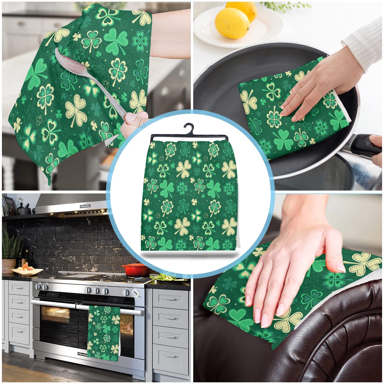 Green Microfiber Kitchen Towels - Pack of 3, 18x28 Inch, Super Absorbent & Reusable Dish Towels with St. Patrick's Day Shamrock Design for Washing Dishes, Drying Hands & Bar Cleaning | Perfect for Kitchens, Restaurants & Home Decor