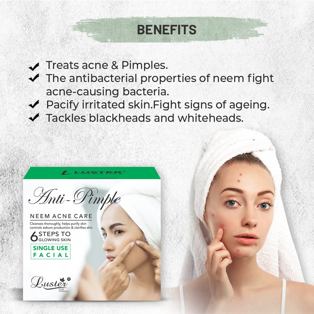 Luster Anti-Pimple Facial Kit - 6 Step Acne Treatment for Clear & Glowing Skin | Single Use Mini Facial Kit for Women & Men | Paraben & Sulfate Free (40g) | Perfect for Travel, Daily Skincare Routine & On-the-Go Pimple Care