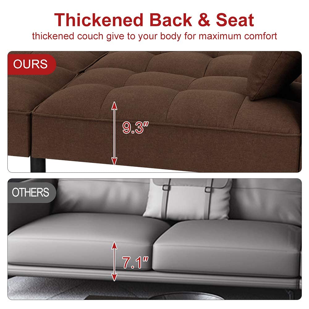 Modern Linen Convertible Futon Sofa Bed - Foldable Recliner Couch with Adjustable Back & Armrests for Living Room, Bedroom, Guest Room - Brown (Perfect for Small Spaces & Overnight Guests)