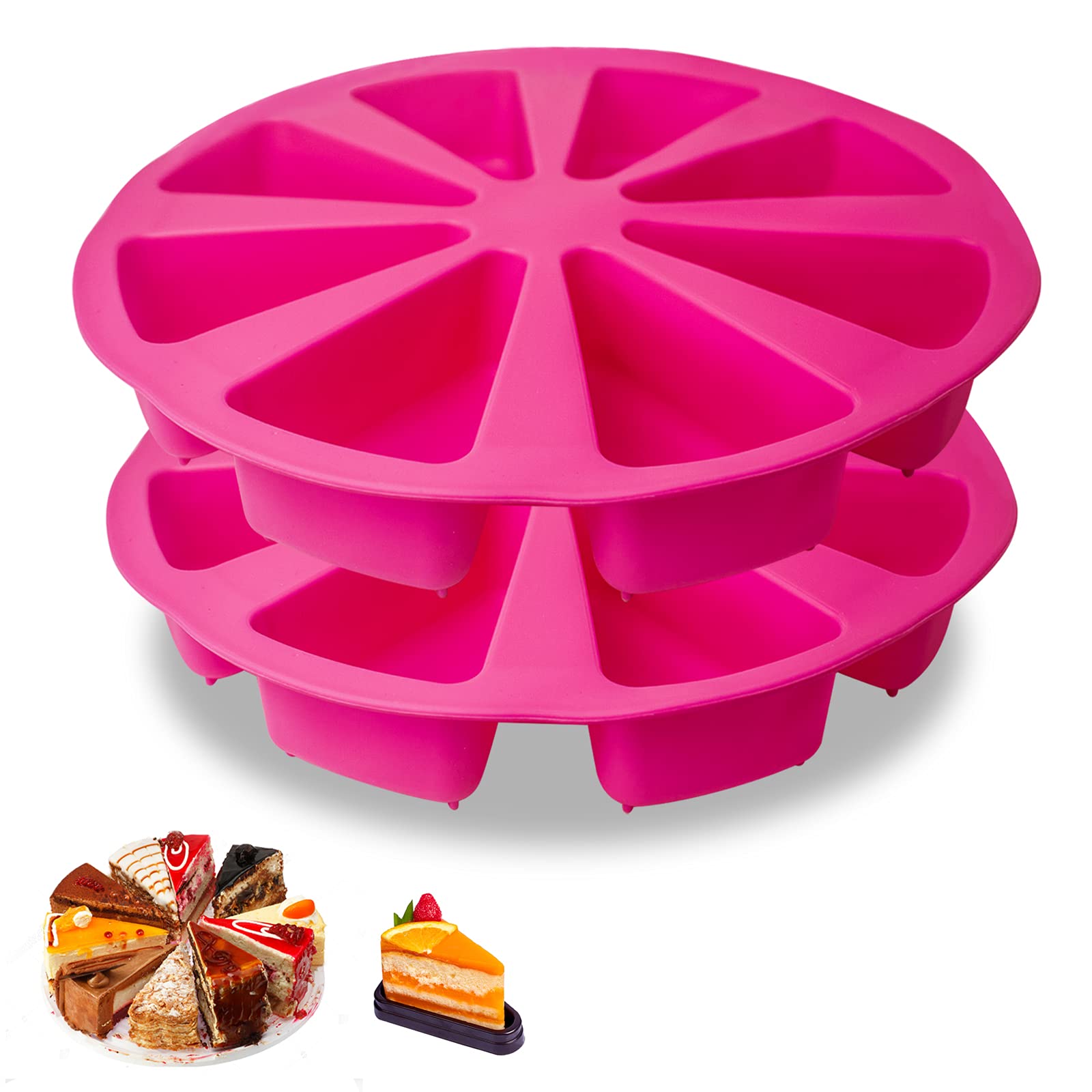 Meajore 2-Piece Silicone Baking Pan Set - 8-Cavity Triangle Cake Mold & 4-Inch Round Cake Pan for Brownies, Muffins, Cheesecake, Cornbread - Non-Stick, Flexible, Rose Red - Perfect for Home Baking, Party Desserts, and Holiday Treats