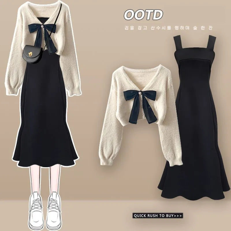 Korean Elegant Bow Cardigan & Sexy Fishtail Skirt Set - Autumn Winter Fashion Knitwear Two Piece Outfit for Women | Perfect for Date Nights, Office Wear & Holiday Parties