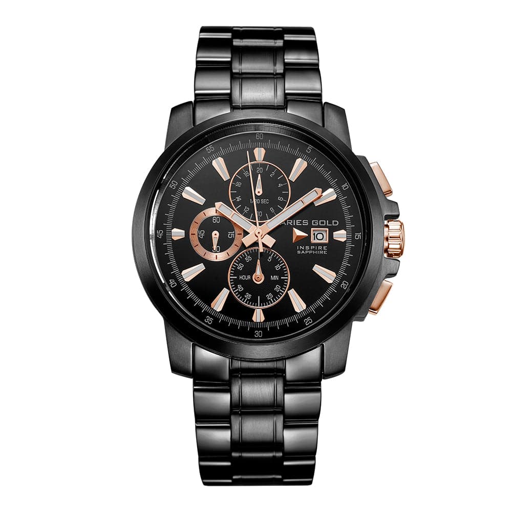 ARIES GOLD INSPIRE CONTENDER Black Stainless Steel Men's Watch - Model G7301 BKR BKRG - Perfect for Business, Casual & Formal Occasions