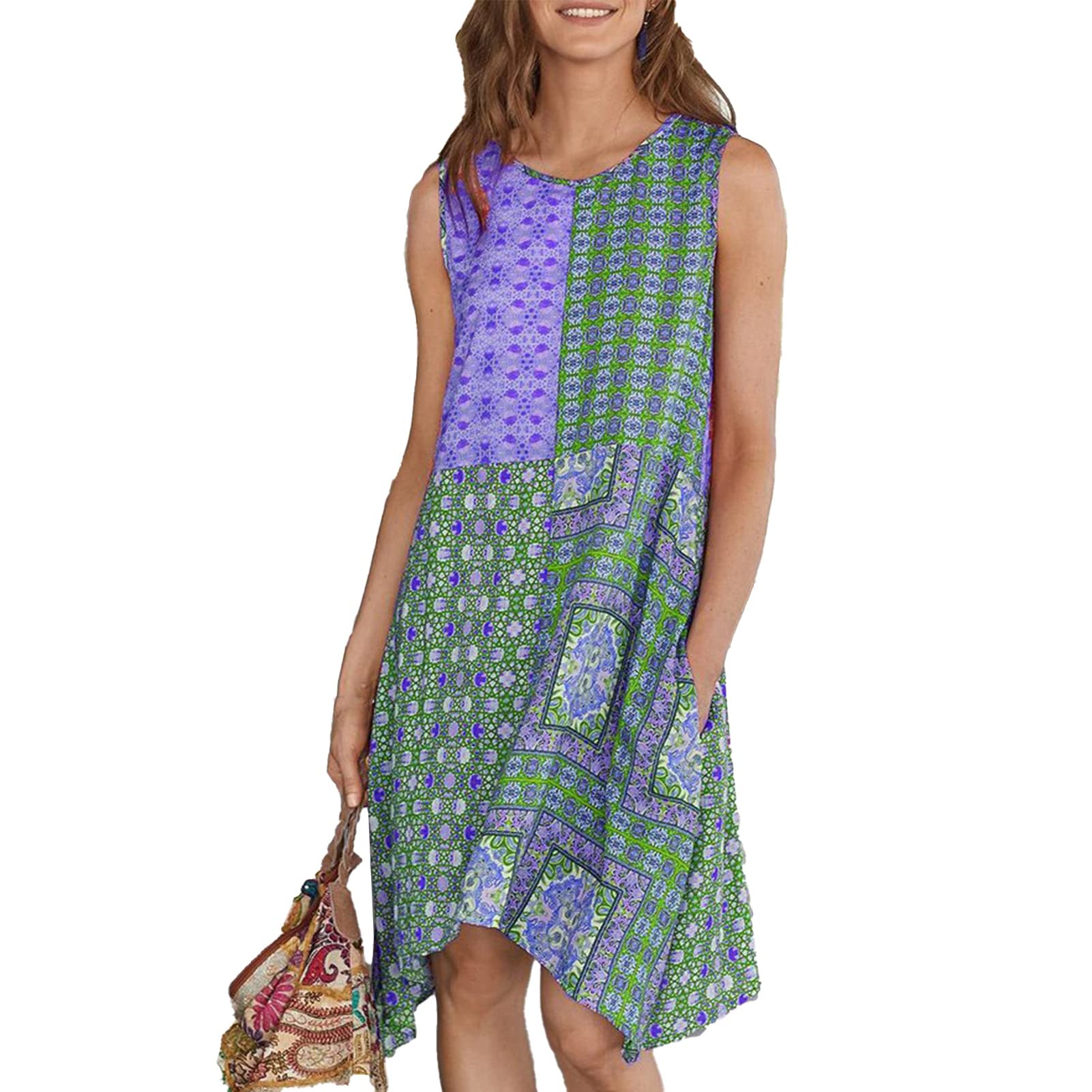 Bohemian Summer Women's Dress - Floral Print Patchwork Sleeveless Knee-Length Loose Dress for Office Wear | Perfect for Work, Vacation & Casual Outings
