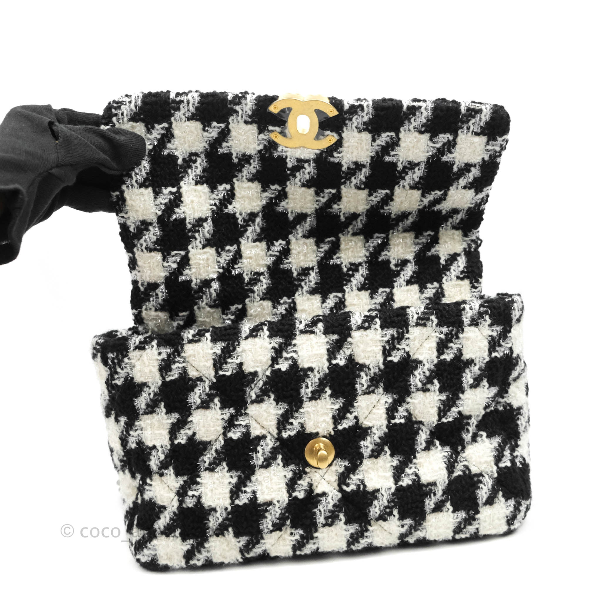 Chanel 19 Medium Flap Bag - Black & White Houndstooth Tweed with Mixed Hardware | Luxury Designer Handbag for Women, Perfect for Work, Parties & Special Occasions