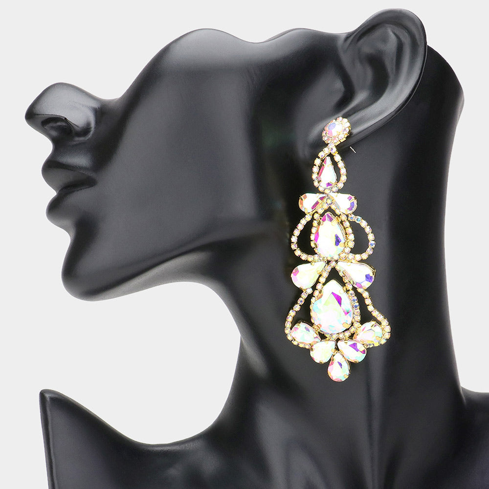 AB Teardrop Cluster Chandelier Earrings in Gold - Elegant Evening Dangle Earrings for Women | Perfect for Pageant, Prom, Wedding & Special Occasions