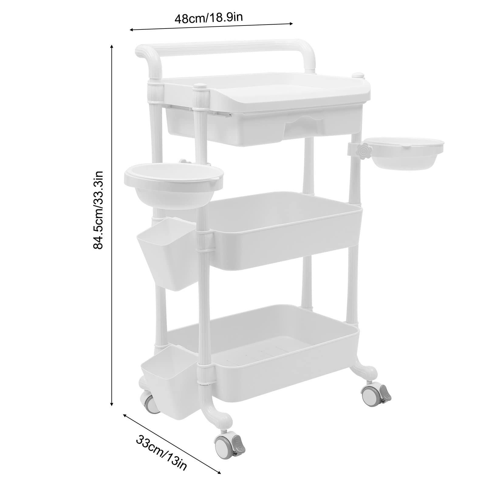 3-Tier Rolling Salon Trolley Stand - Beauty & Spa Storage Organizer with Wheels - Mobile Service Cart for Hair Salon Tools & Equipment - 330lbs Capacity - 18.9x13x33.3 Inches (White) - Perfect for Salon Styling, Spa Treatments & Professional Beauty Services
