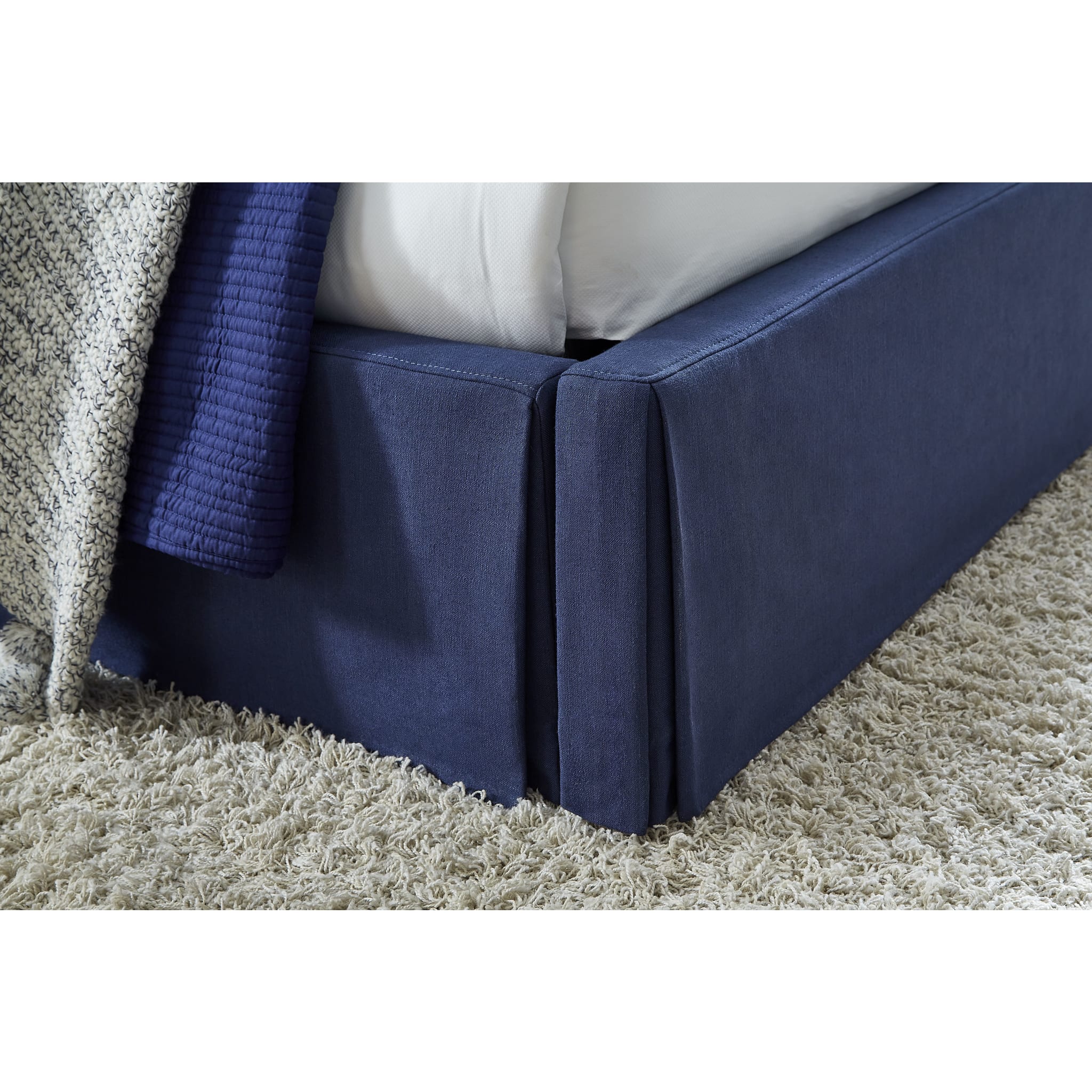 Sur Upholstered Skirted Panel Bed in Navy Blue - Queen Size Platform Bed Frame with Button Tufted Headboard for Modern Bedroom Decor