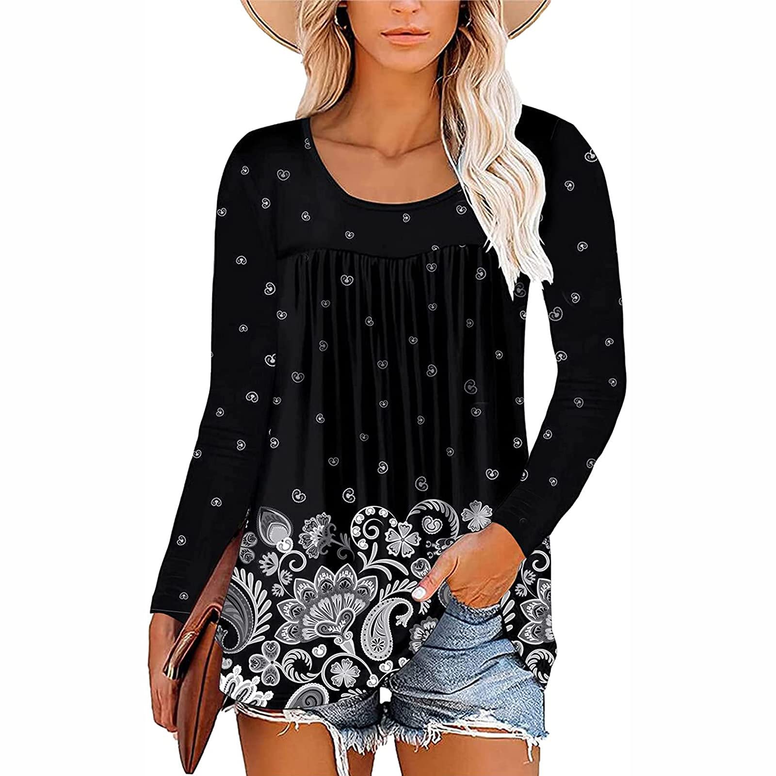 Women's Floral Print Long Sleeve Tunic Top - Fall Casual Loose Fit O-Neck Blouse - Plus Size T-Shirt for Work, Date Night & Everyday Wear