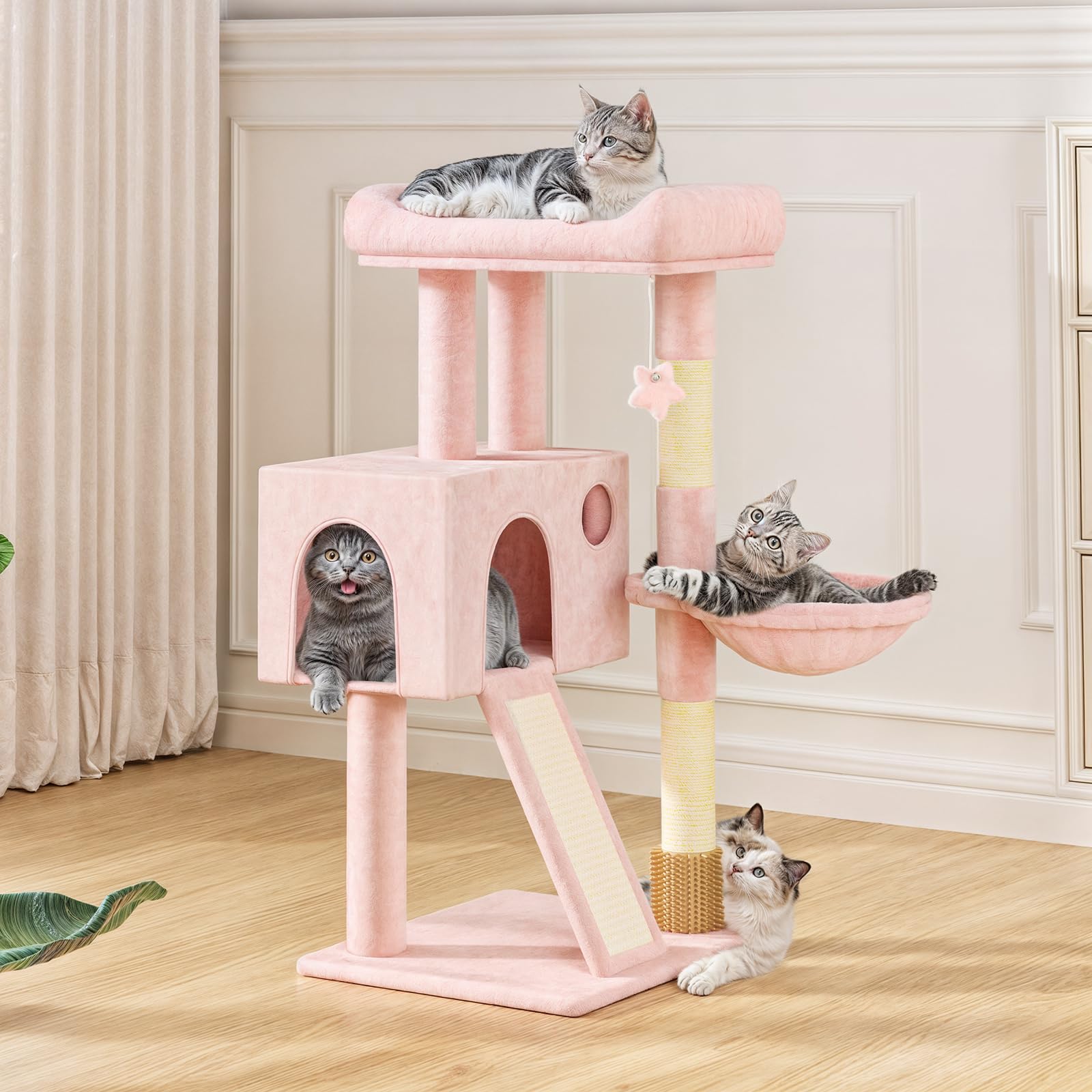 MoNiBloom 36 Inch Cat Tree Tower with Condo, Scratching Post & Sisal Board - Multi-Level Cat Climbing Furniture with Hammock for Indoor Cats (Soft Pink) - Perfect for Small Spaces, Apartments & Playful Kittens