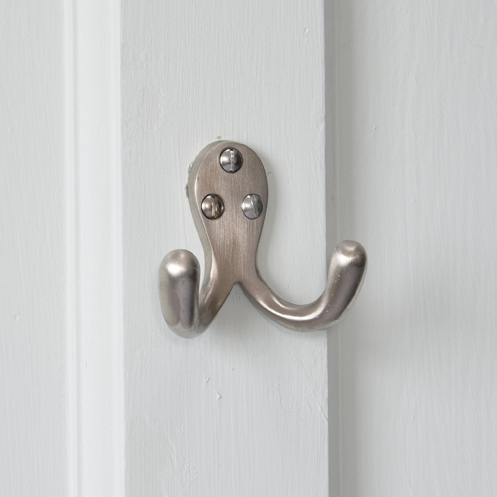 Satin Nickel Double Wardrobe Hooks - Heavy Duty Coat Hangers for Closet, Bathroom & Entryway Organization - Perfect for Hanging Robes, Towels, Bags & Hats
