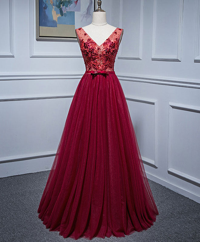 Elegant Burgundy V-Neck Tulle Lace Long Prom Dress for Women | Formal Evening Gown for Homecoming, Wedding Guest & Special Occasions