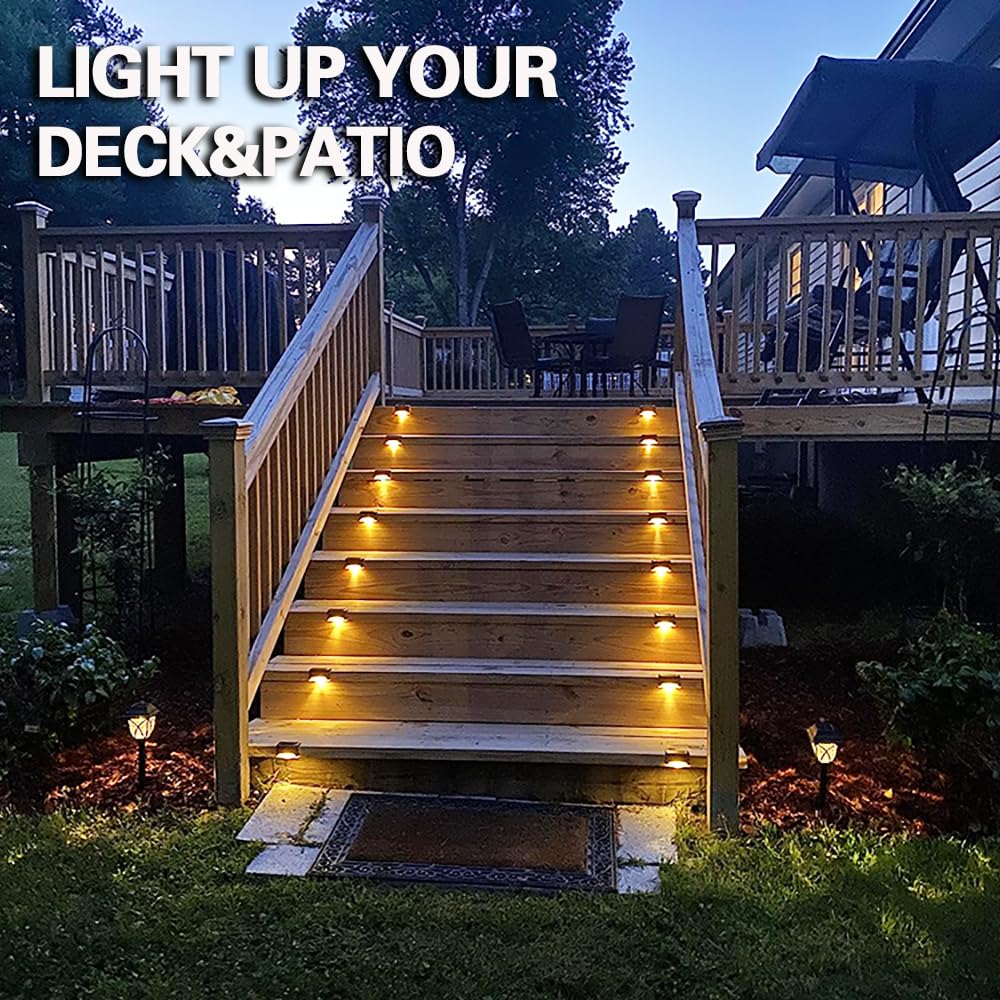 8 Pack Solar Deck Lights Outdoor Waterproof - Warm White LED Solar Fence Lights for Garden, Patio, Porch, Stairs, Yard, Driveway & Pathway | Weatherproof Landscape Lighting for Home & Garden Decoration