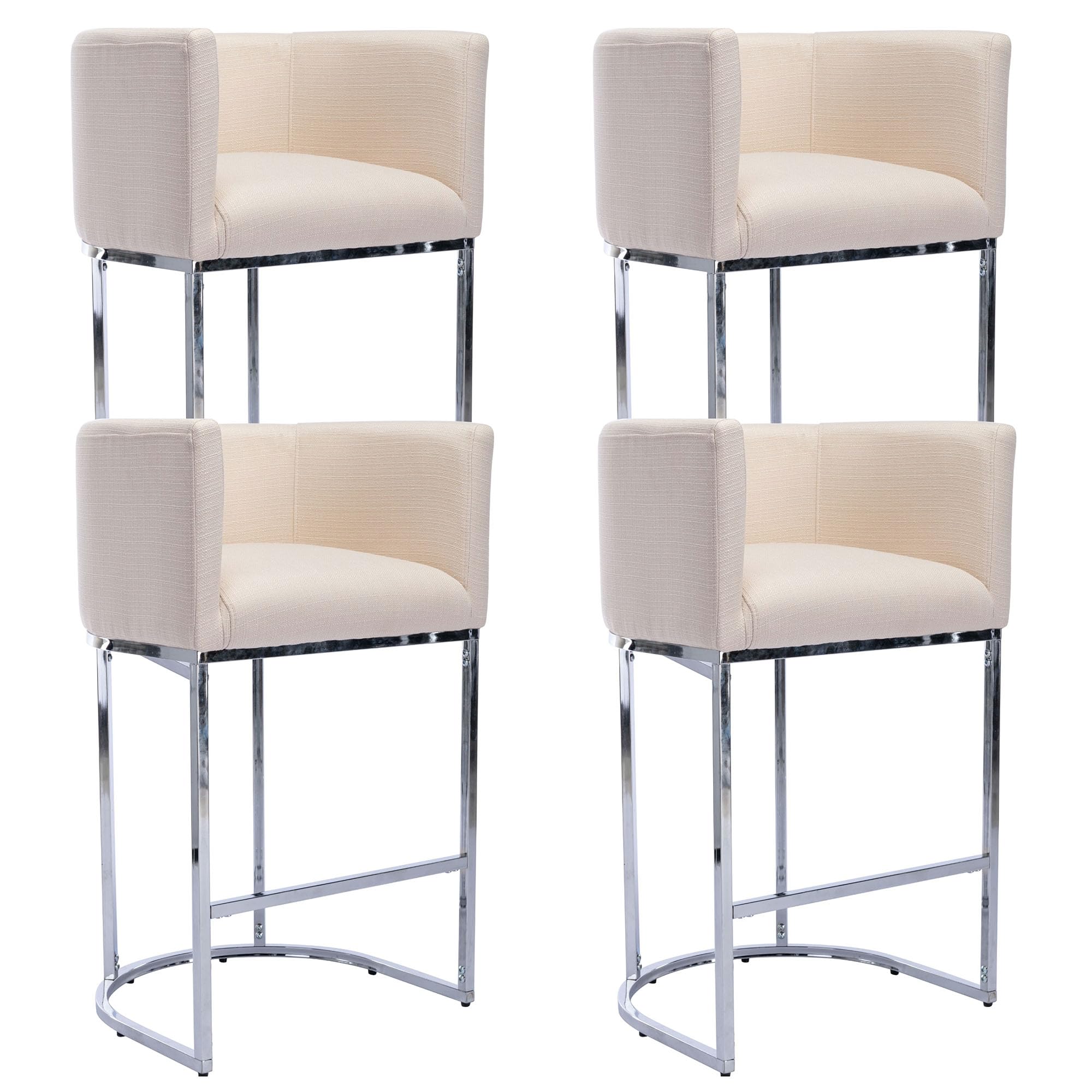 Modern Counter Height Linen Fabric Upholstered Kitchen Stools Set of 4 - 29 Inch Cream Counter Stools with Chrome Metal Frame for Kitchen Island, Breakfast Bar & Dining Room