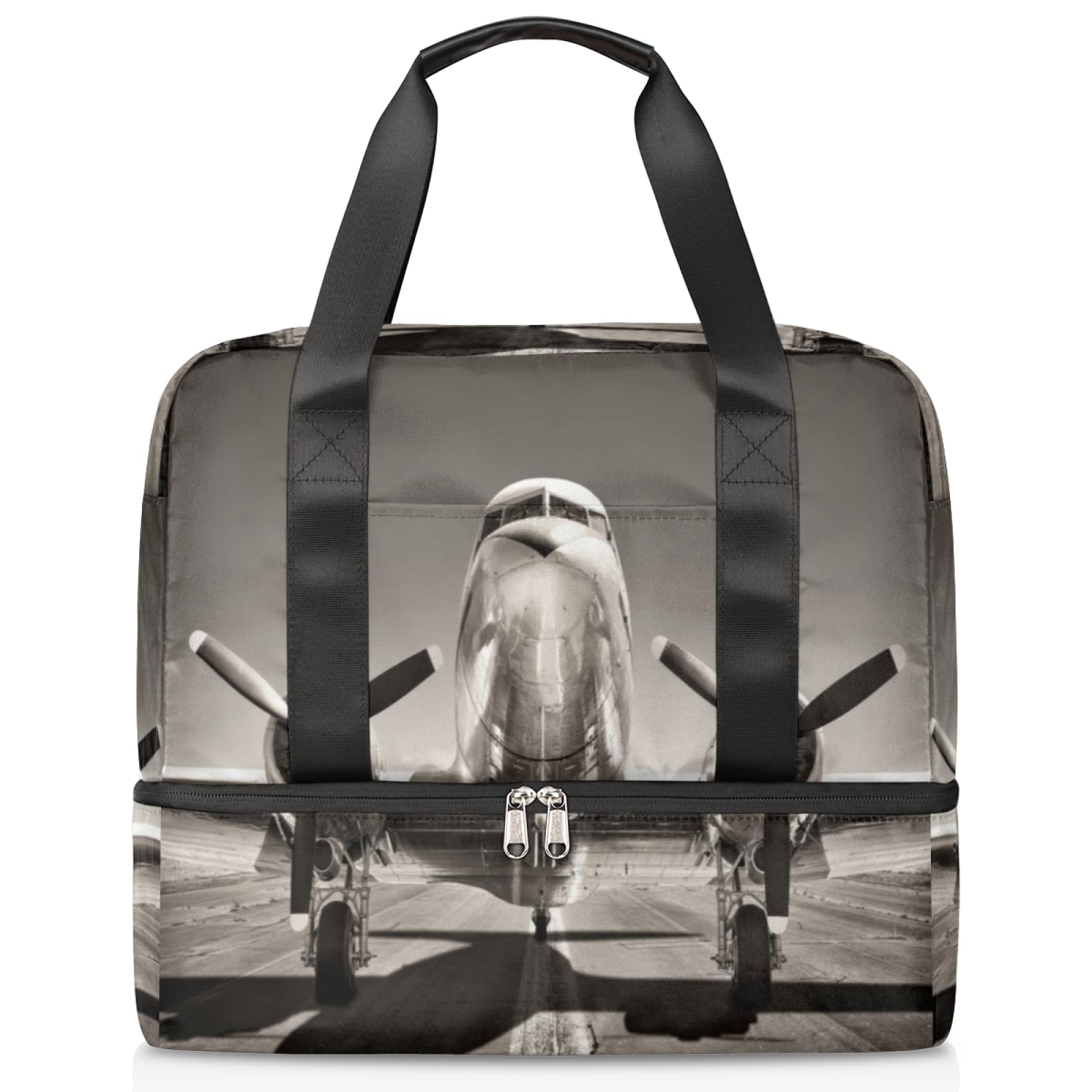 Vintage Airplane Runway Duffle Bag - Waterproof Weekender Travel Bag for Men & Women, Gym & Sports Tote with Shoe Compartment - Perfect for Overnight Trips, Beach Getaways & Carry-On Luggage