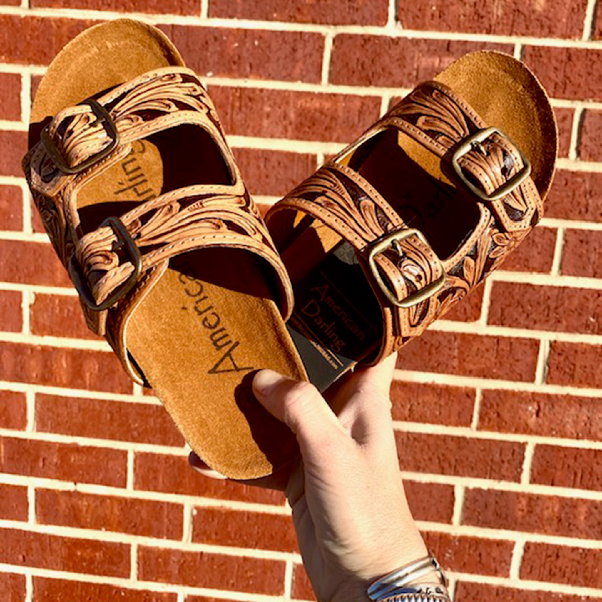 American Darling Tooled Double Buckle Sandals - Handcrafted Leather Women's Casual Shoes for Summer Outfits & Boho Style | Perfect for Beach, Vacation, and Everyday Wear