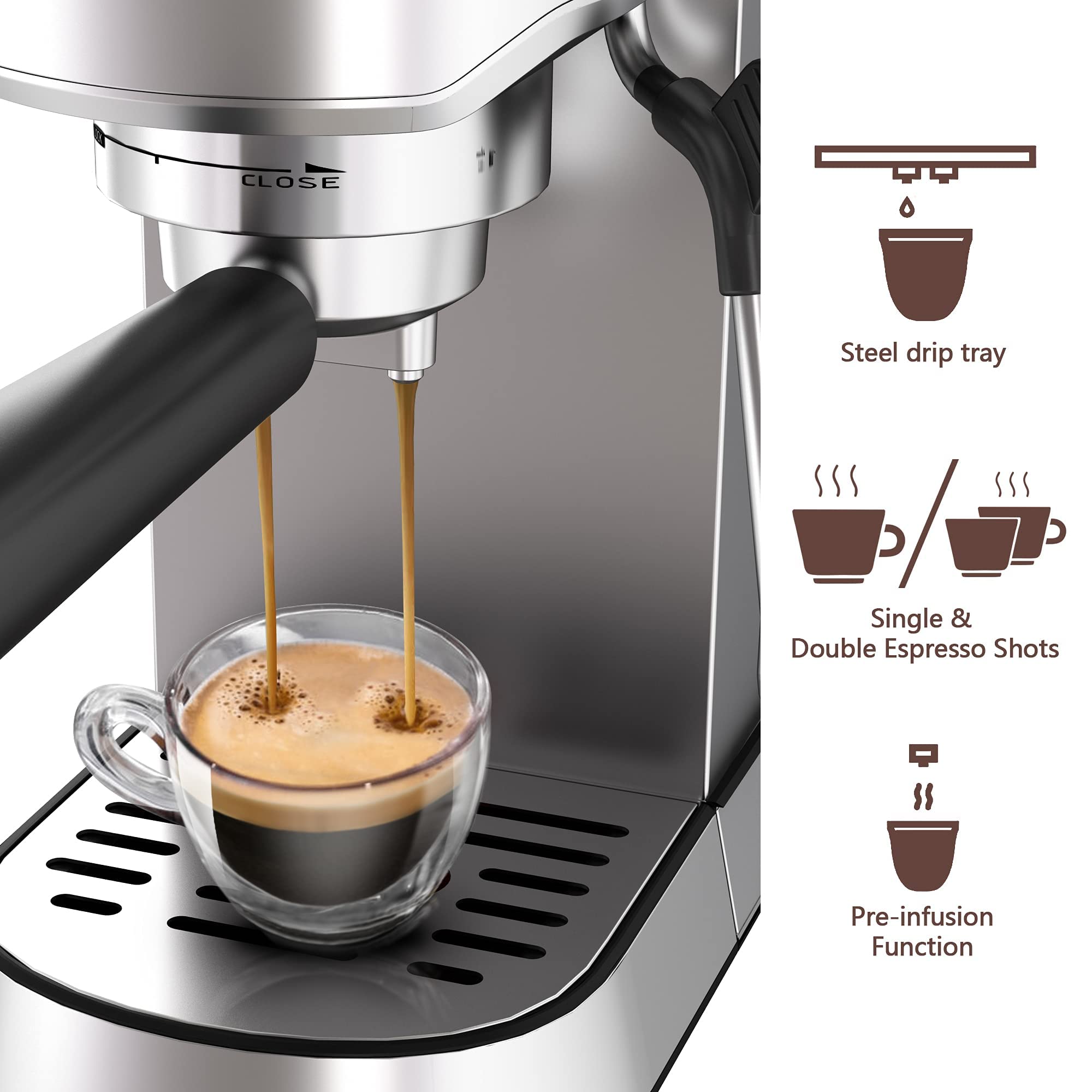 Premium 20 Bar Espresso Machine with Commercial Steamer - Perfect for Lattes & Cappuccinos - 42oz Removable Water Tank - Stainless Steel Home Barista Coffee Maker - Ideal for Home Cafes, Office Break Rooms & Coffee Enthusiasts