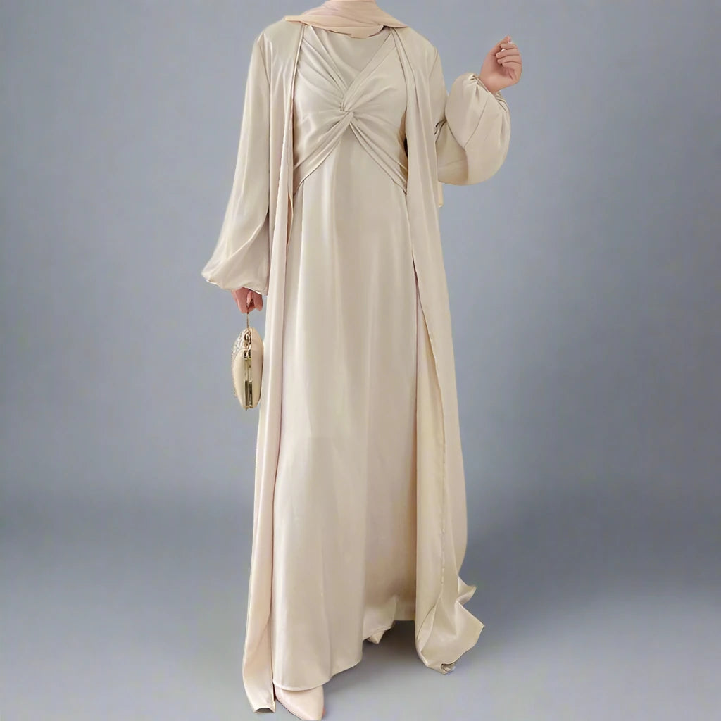 3-Piece Satin Open Abaya Dress Set for Muslim Women - Elegant Prayer Dress for Mosque, Eid & Special Occasions