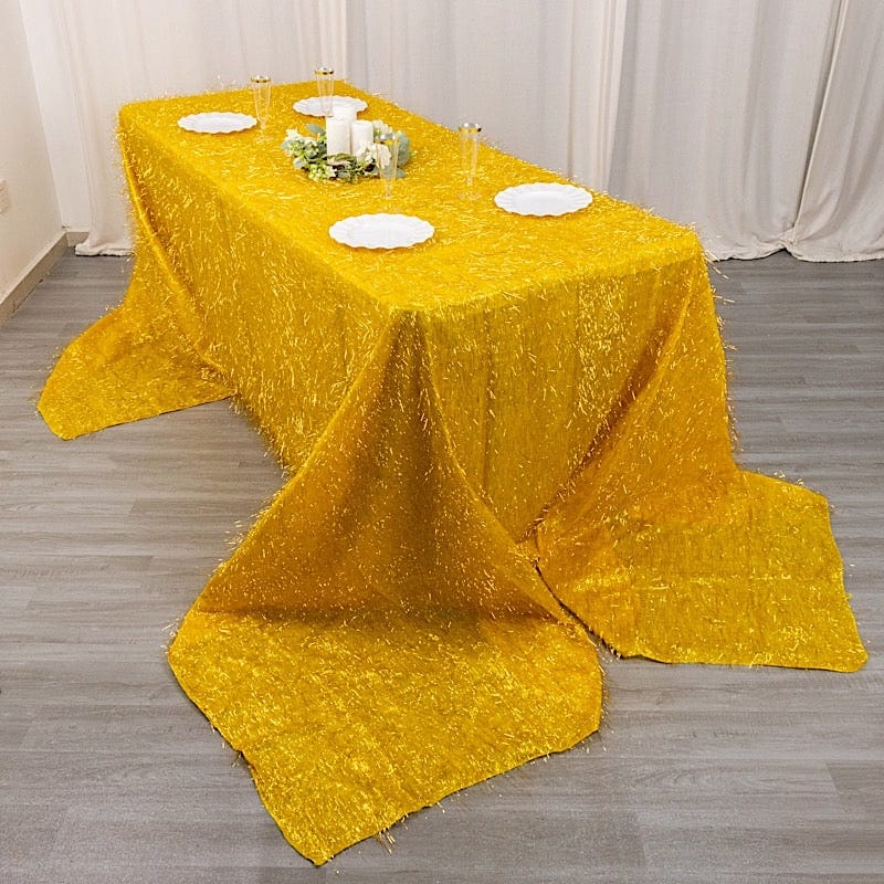 90x156 Inch Elegant Polyester Rectangular Tablecloth with Shimmering Metallic Tinsel Trim - Perfect for Wedding Banquets, Holiday Parties & Formal Dining Decorations