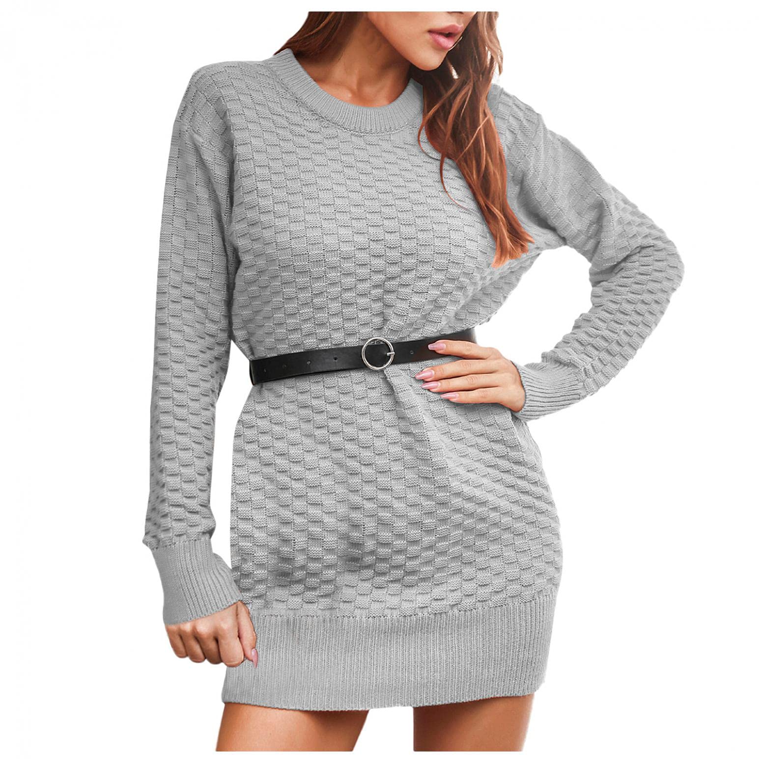 FEDULK Women's Waffle Knit Sweater Dress - Long Sleeve Ribbed Casual Pullover Mini Dress with Belt | Loose Bodycon Fit for Fall & Winter | Perfect for Office, Date Night & Holiday Outfits