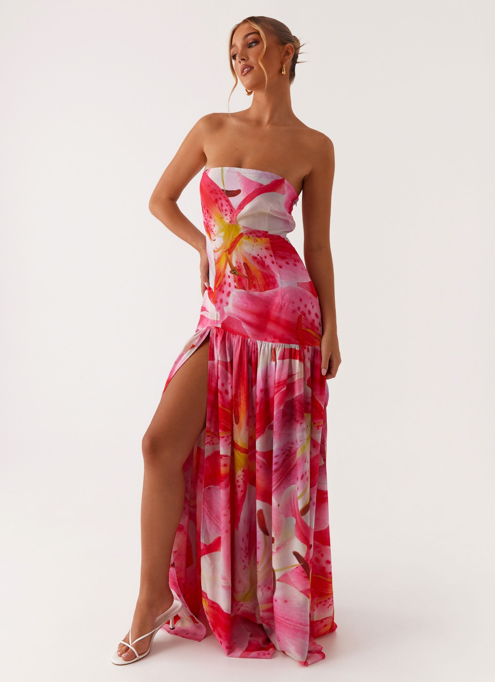 Eden Strapless Maxi Dress for Women - Floral Summer Beach Wedding Dress, White & Pink Lilly Print, Boho Chic Long Dress for Vacation, Party, and Special Occasions