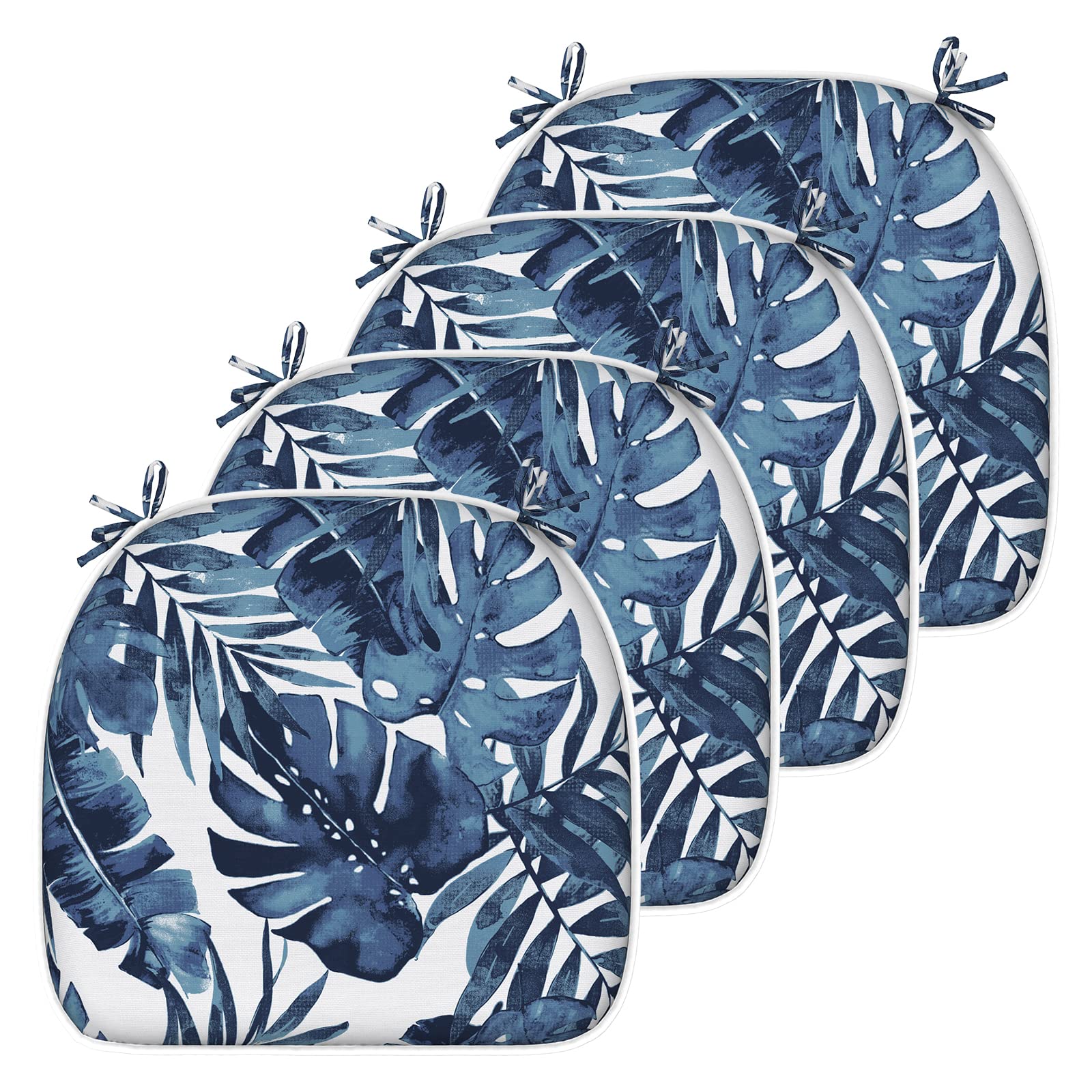 LTXIII 16x17 Inch Indoor/Outdoor Chair Cushions with Ties - Set of 4 Water-Resistant Patio Seat Pads in Palm Blue for Garden, Deck, Poolside & Home Office Furniture - Durable & Comfortable Backyard Decor