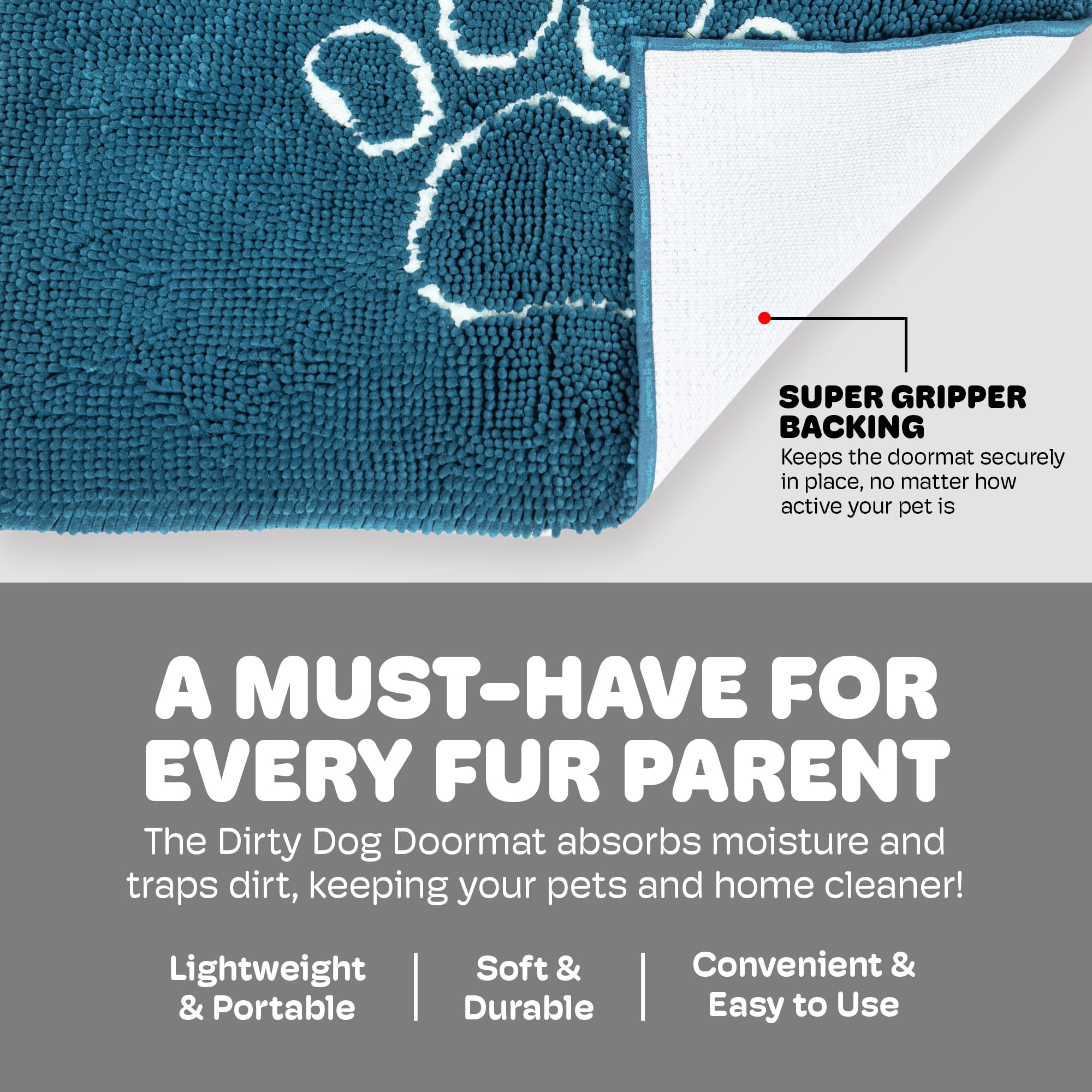 Dog Gone Smart Dirty Dog Doormat - Super Absorbent, Fast Drying Pet Rug with Non-Slip Backing for Muddy Paws - Machine Washable Floor Mat for Clean Floors - Pacific Blue - Perfect for Entryways, Mudrooms & Pet Areas
