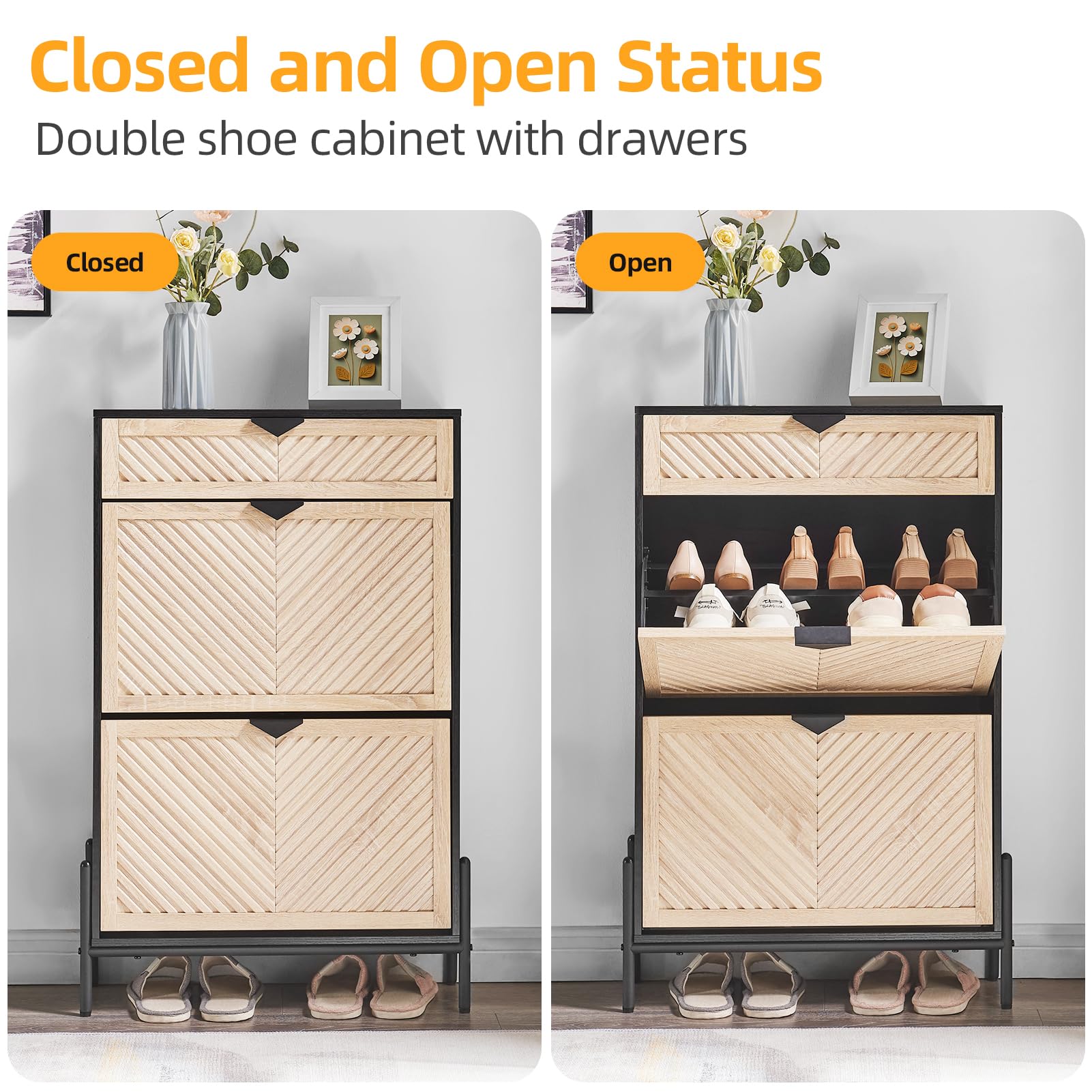 2-Tier Flip-Drawer Shoe Storage Cabinet - Narrow Freestanding Shoe Organizer for Entryway & Front Door - Space-Saving Oak Shoe Rack for Small Spaces - Perfect for Apartments, Dorms & Closet Organization