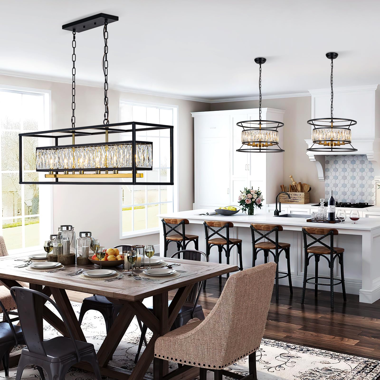 Luxury Black Gold Modern Crystal Chandelier - 6-Light Rectangular Linear Pendant Light Fixture for Dining Room, Living Room, Kitchen Island - Elegant Lighting for Home Decor & Interior Design