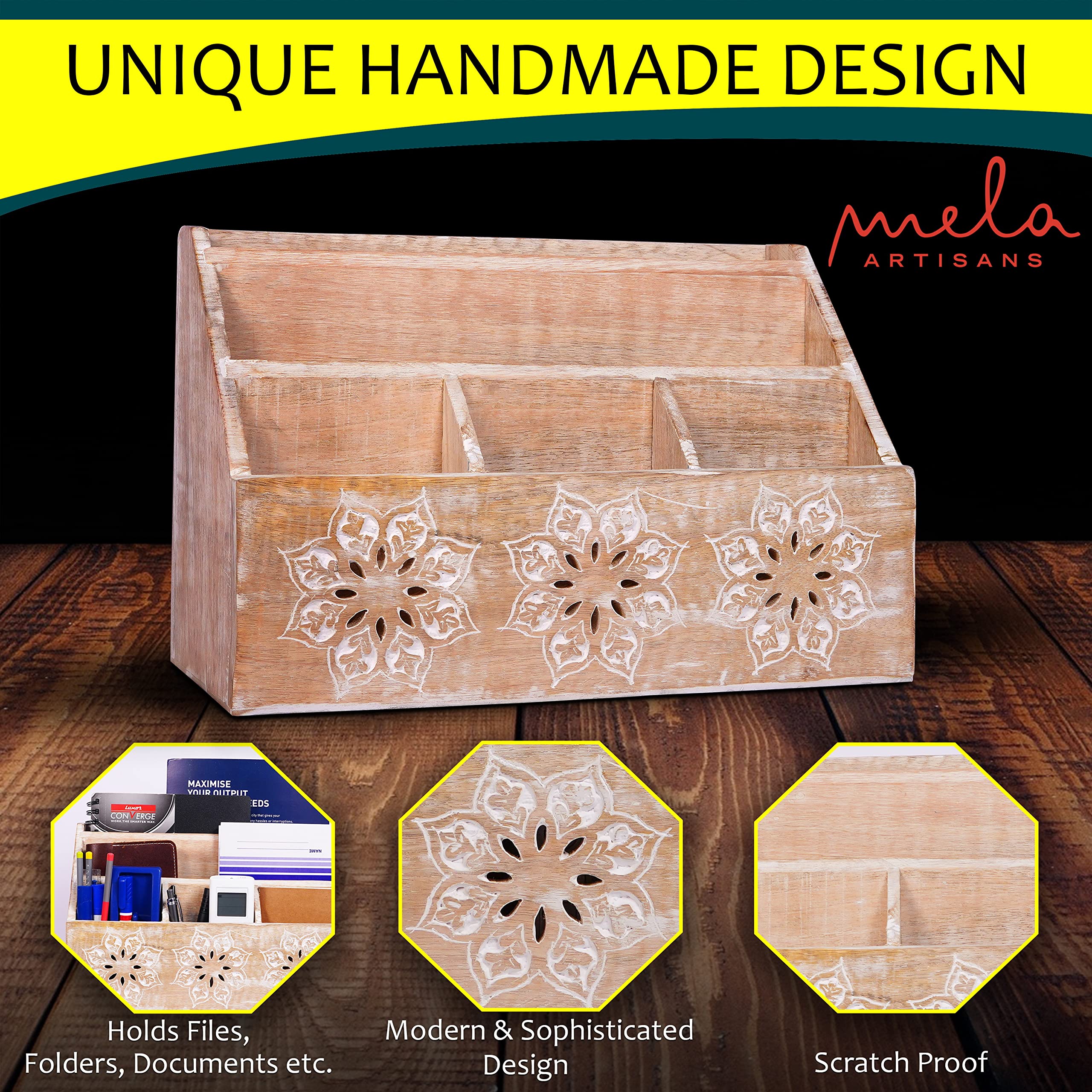 Mango Wood Mail Holder - 5 Compartment Desk Organizer for Home & Office - Rustic Farmhouse Decor