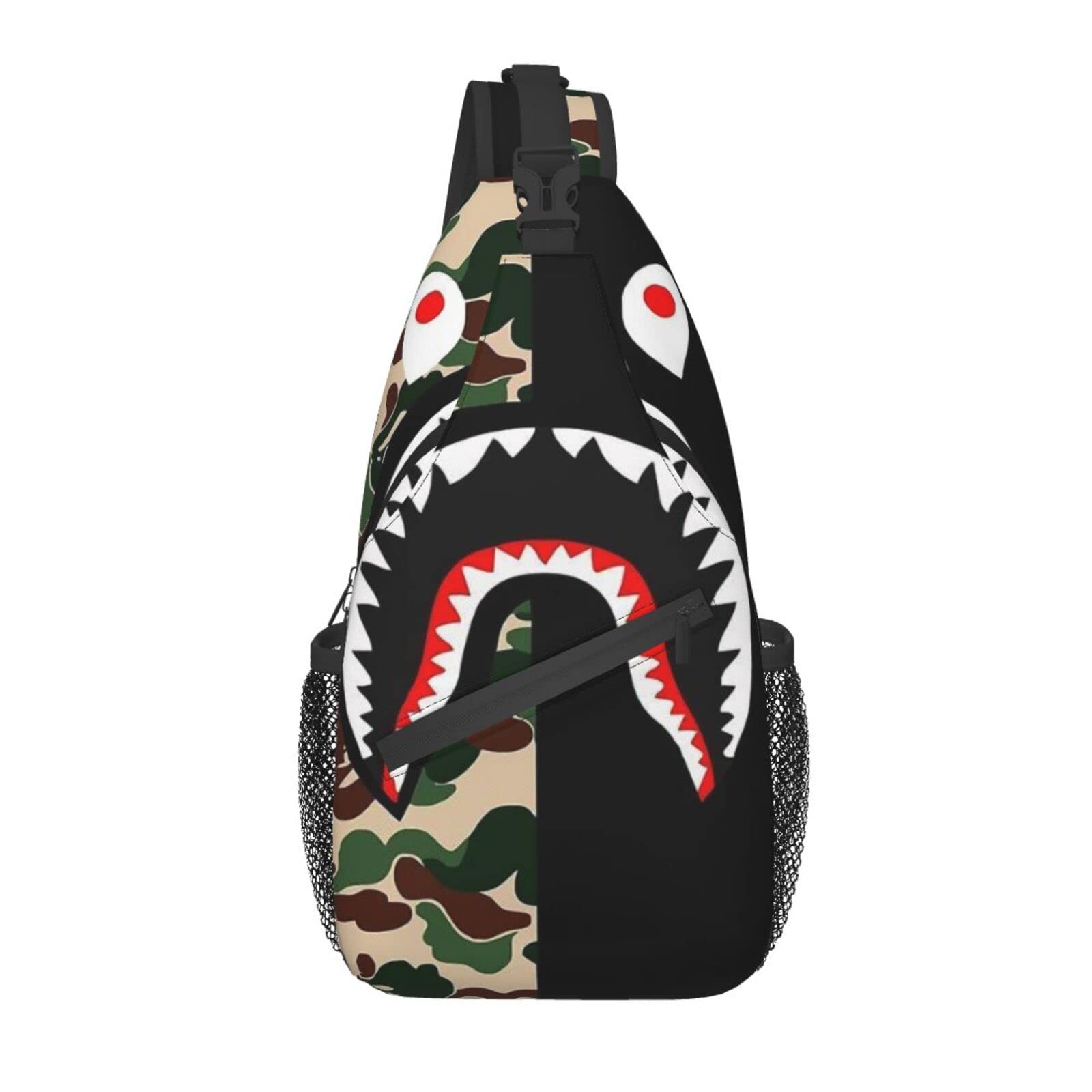 French Camo Shark Print Crossbody Shoulder Bag - Stylish Casual Backpack for Men & Teens - Perfect for School, Travel, and Outdoor Adventures