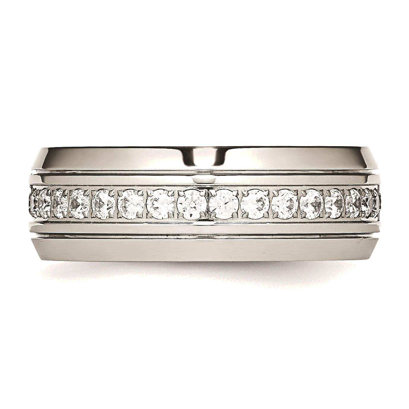 Bonyak Stainless Steel CZ Ring for Women - Polished Half Round Grooved Design, Size 11 - Perfect for Wedding, Anniversary & Everyday Elegant Jewelry