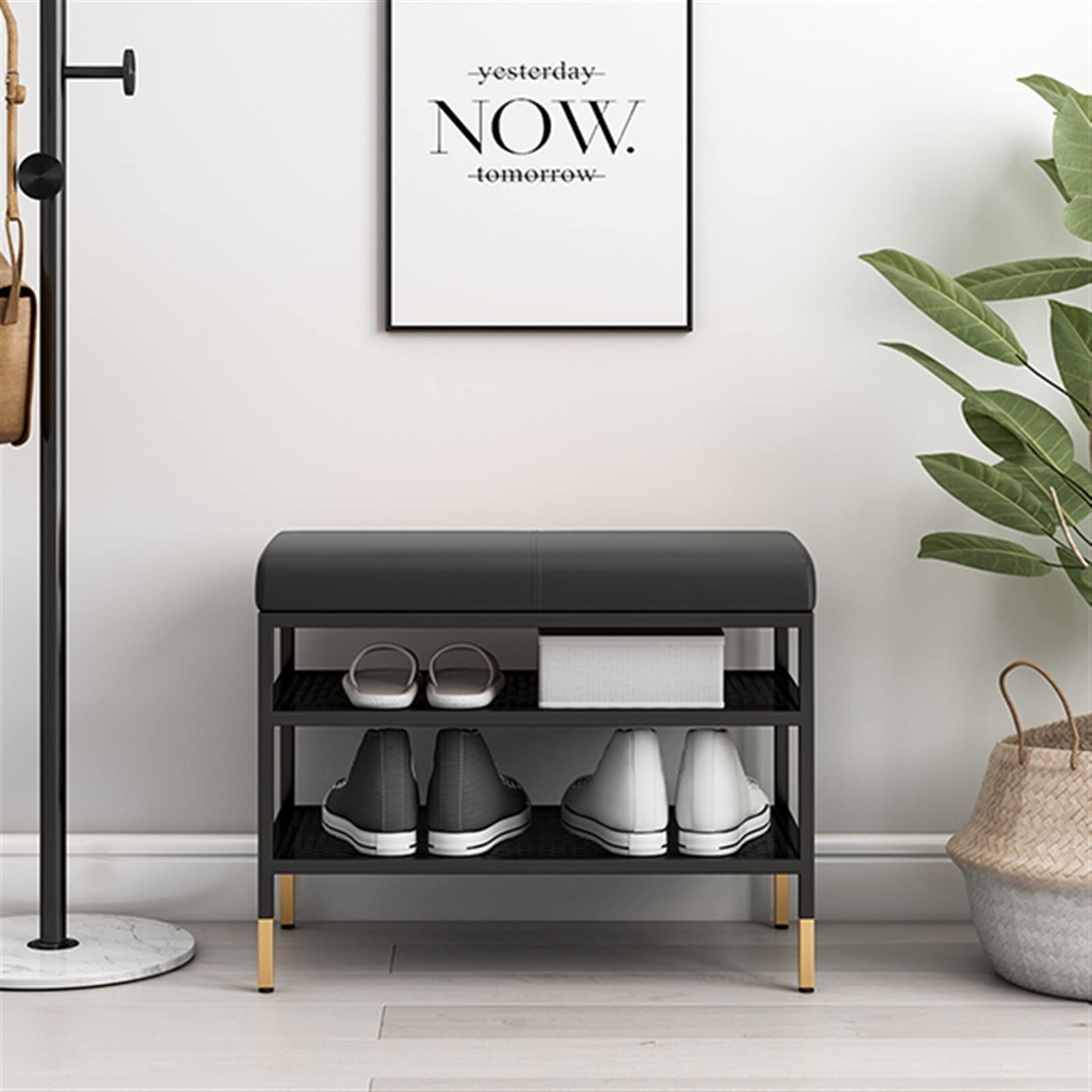 3-Tier Shoe Storage Bench with Leather Seat - 100cm Entryway Shoe Rack Organizer for Foyer, Bedroom & Living Room | Durable Metal Frame | Space-Saving Shoe Bench (Black) - Perfect for Small Spaces & Home Organization