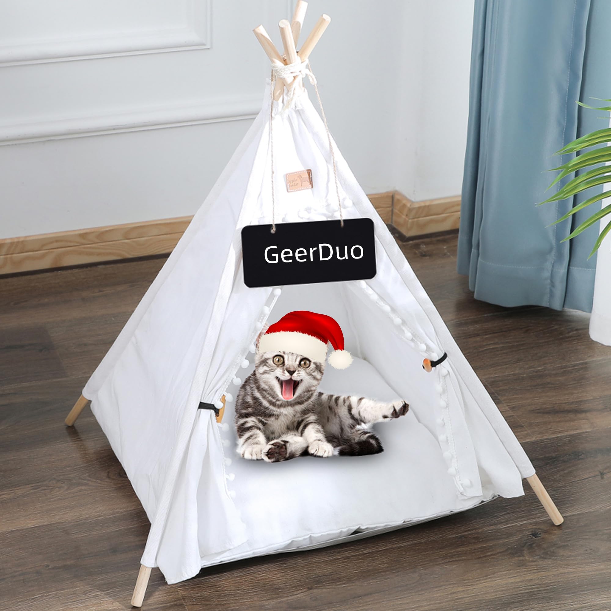 Portable Pet Teepee Tent for Small Dogs & Cats - Washable Puppy Bed with Cushion, Cozy Indoor/Outdoor Pet House (24 Inch, White) - Perfect for Travel, Camping & Home Comfort