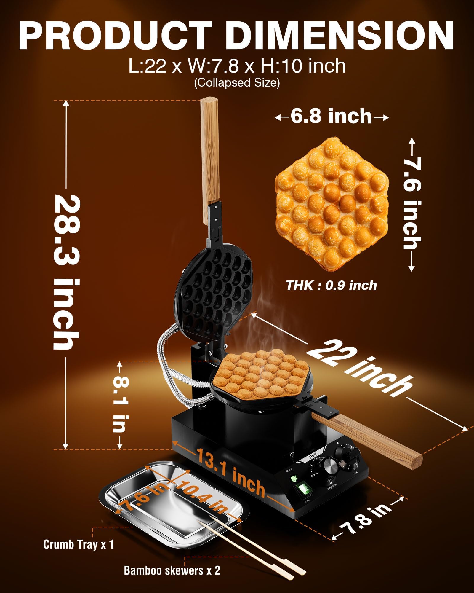Commercial Bubble Waffle Maker 1500W - Electric Egg Puff Waffle Iron Machine with 180° Rotation, Non-Stick Coating & Crumb Tray - Perfect for Hong Kong Style Egg Cones, Street Food, and Dessert Shops