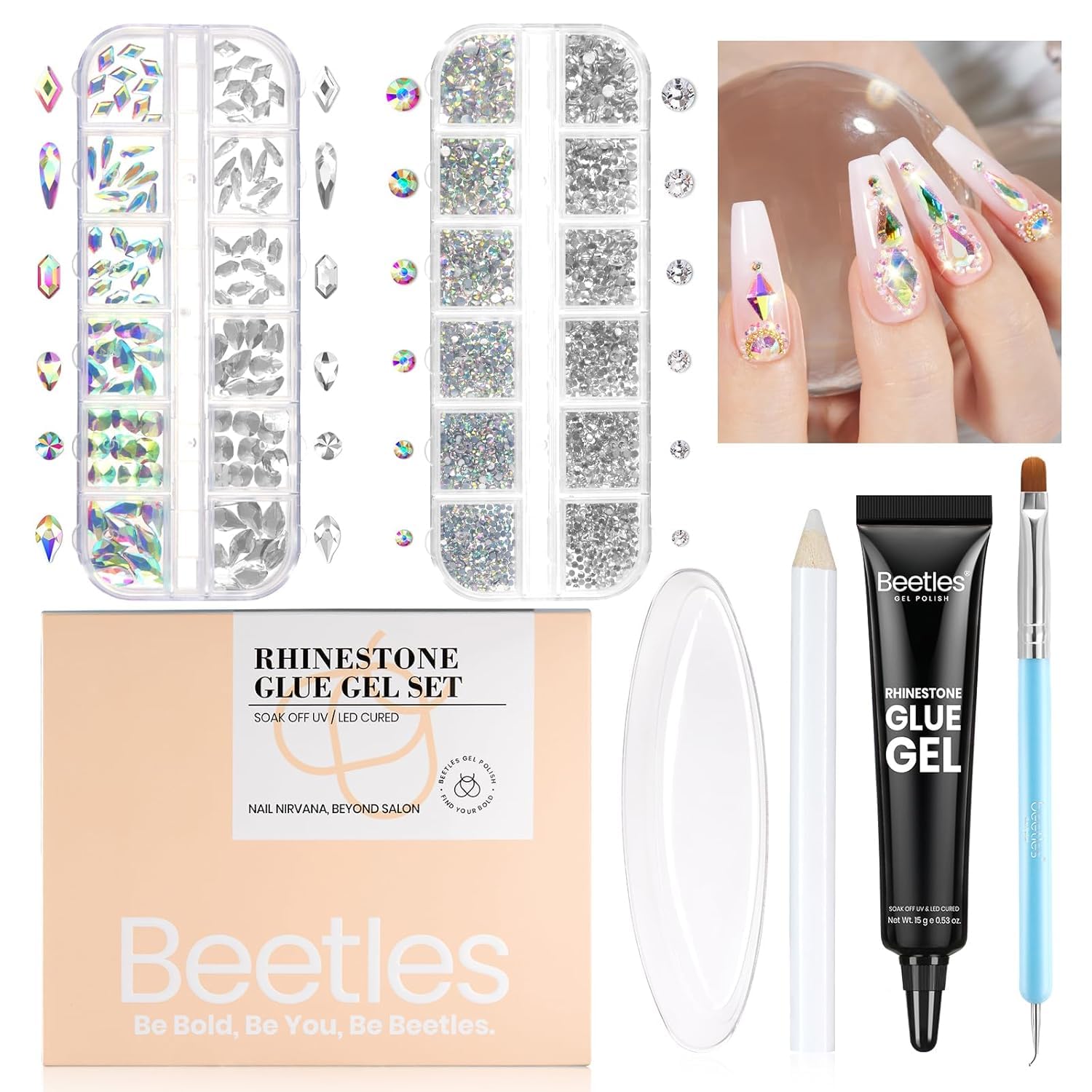 Beetles Gel Nail Glue & Rhinestones Kit - 15ml Nail Adhesive with 2000+ Crystal Glass AB Gems, Double-Ended Nail Brush - Perfect for Nail Art Designs, DIY Manicures & Gift Sets for Women
