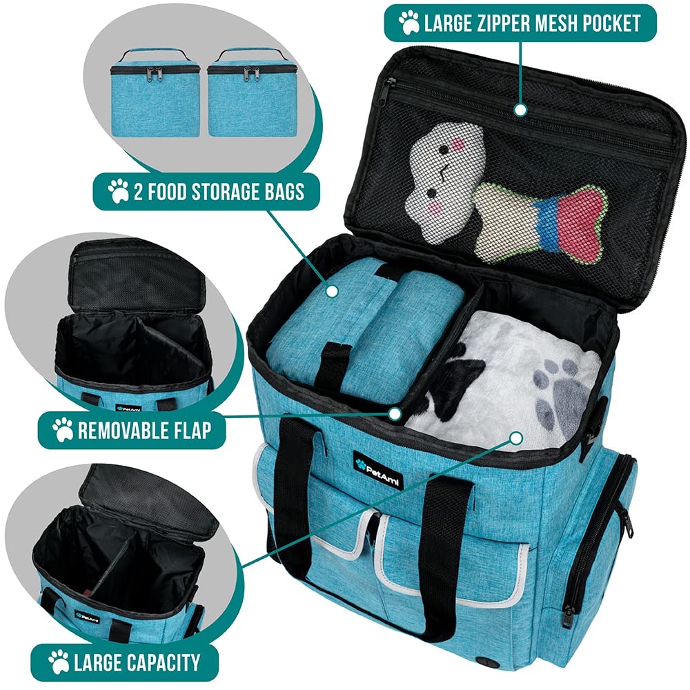 PetAmi Dog & Cat Travel Bag - Portable Pet Supplies Organizer for Travel, Camping & Weekend Trips - Includes 2 Food Storage Containers, 2 Collapsible Bowls & 1 Feeding Mat (Teal Blue) - Perfect for Road Trips, Hiking & Outdoor Adventures with Your Pet