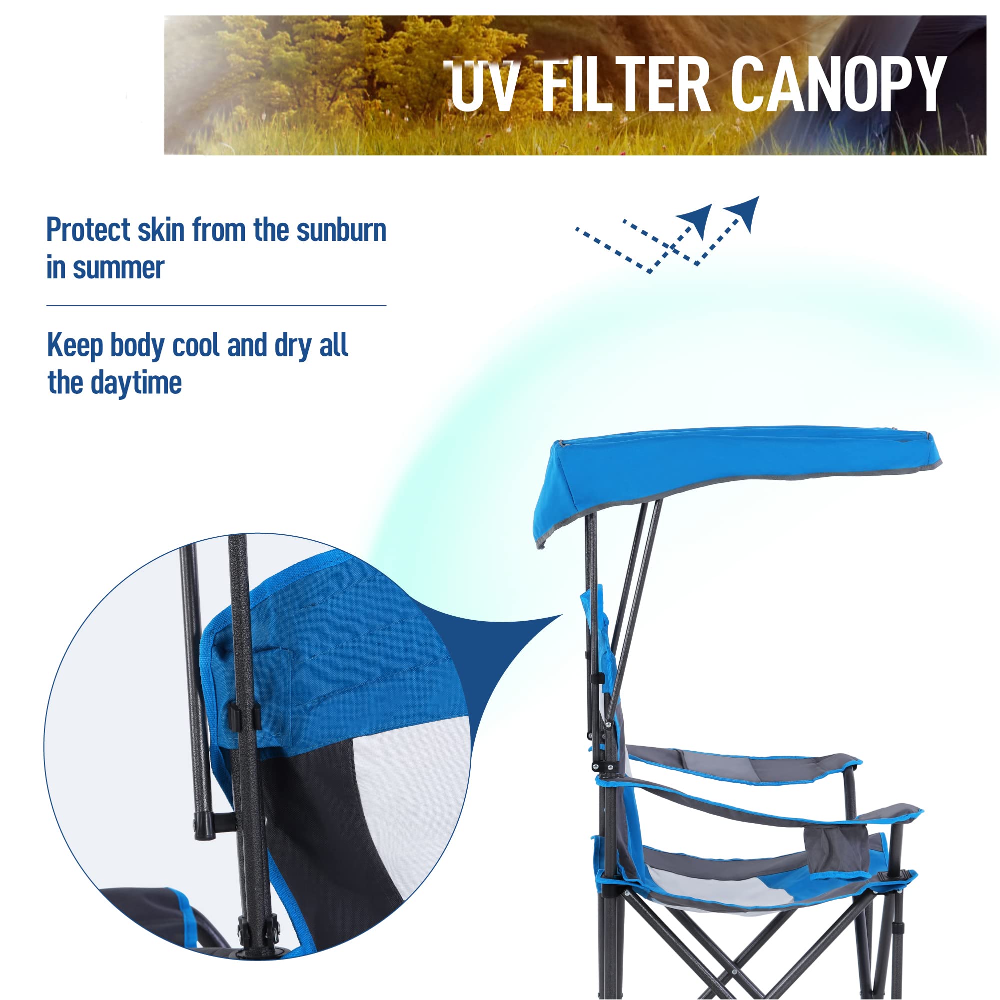 ALPHA CAMP Heavy Duty Folding Camping Chair with Shade Canopy - 300 LBS Capacity, Cup Holder & Carry Bag Included - Perfect for Outdoor Camping, Hiking, Beach Trips & Backyard BBQs - Royal Blue