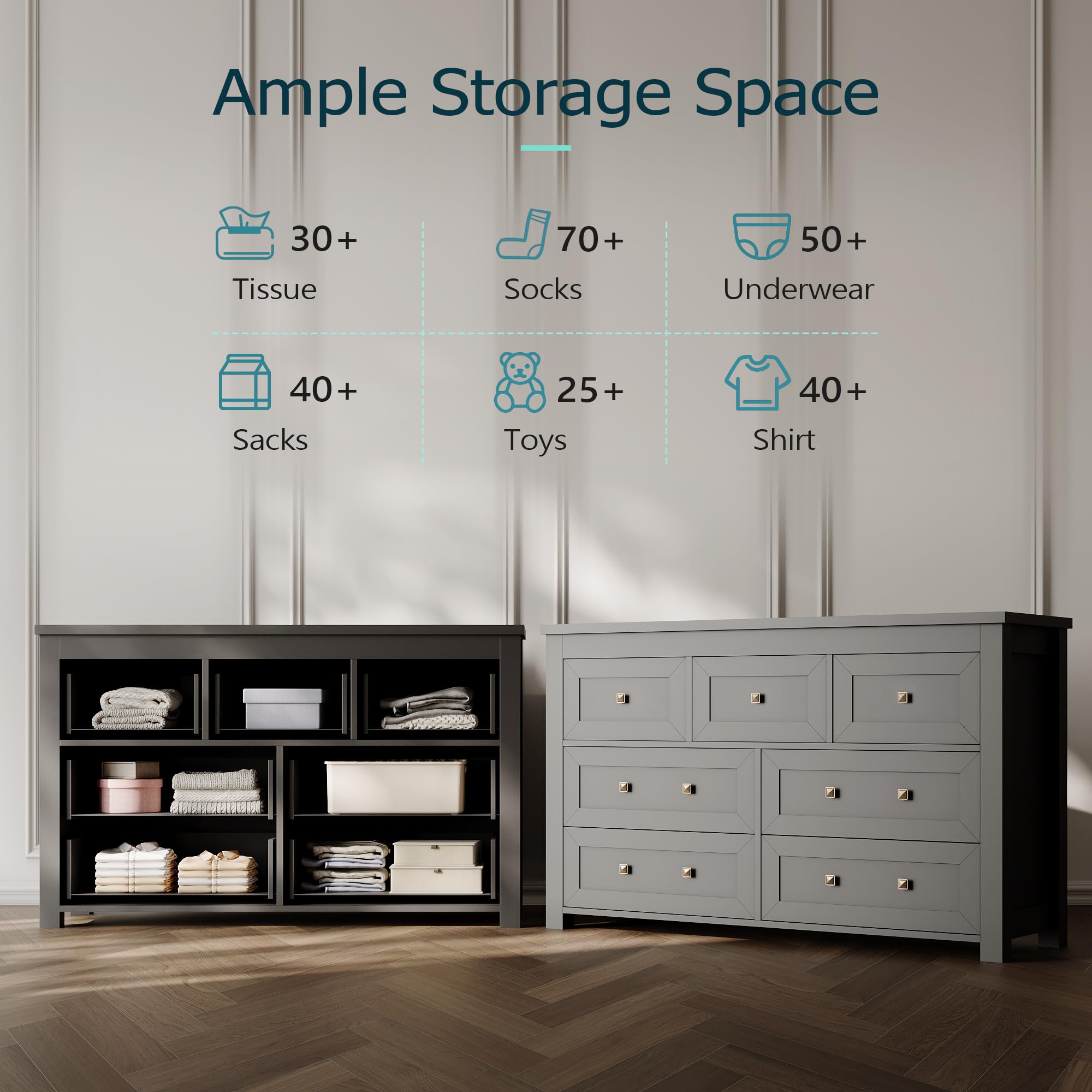 7-Drawer Farmhouse Dresser for Bedroom - Solid Wood Chest with Metal Handles, Wide TV Stand & Closet Storage Organizer - Modern Entryway, Living Room, Hallway Furniture (Black) - Perfect for Bedroom Storage & Living Room Organization