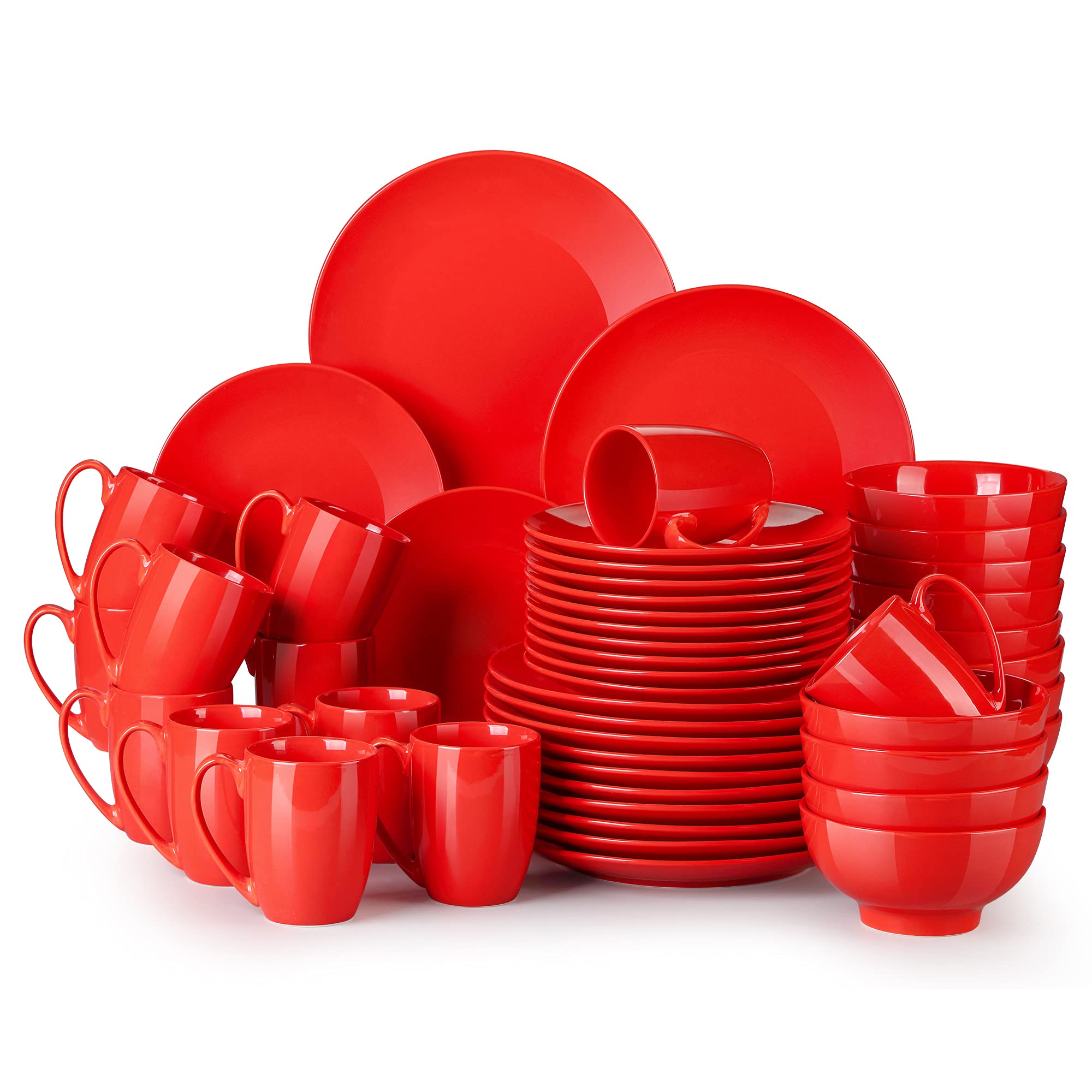 LOVECASA 48-Piece Round Porcelain Dinnerware Set - 12-Person Service with Dinner Plates, Dessert Plates, Bowls & Mugs | Dishwasher & Microwave Safe Ceramic Dishes in Elegant Red | Perfect for Family Dinners, Holiday Entertaining & Restaurant Use