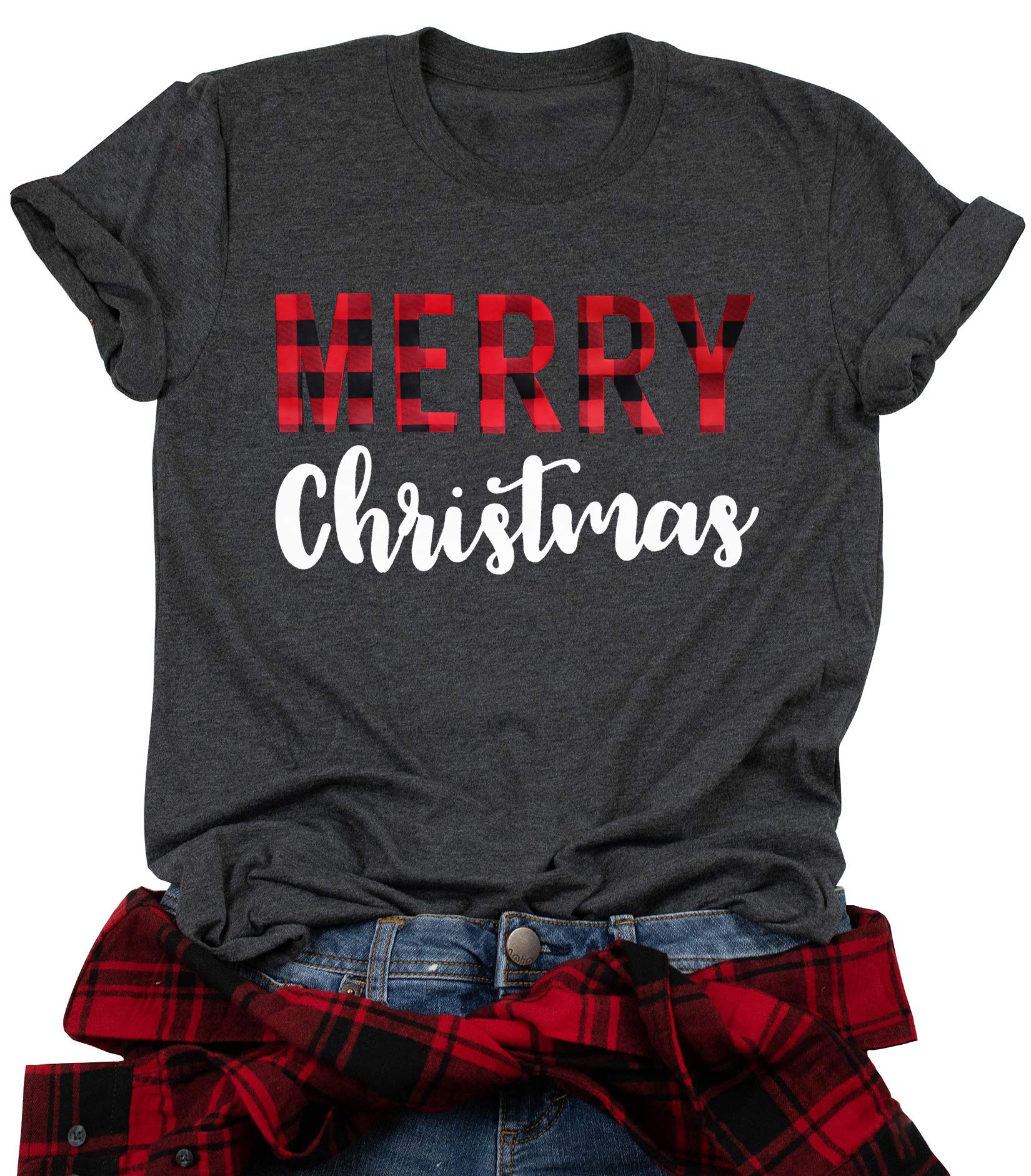 Women's Buffalo Plaid Christmas T-Shirt - Holiday Letter Print Tee Top for Xmas Party & Family Gatherings