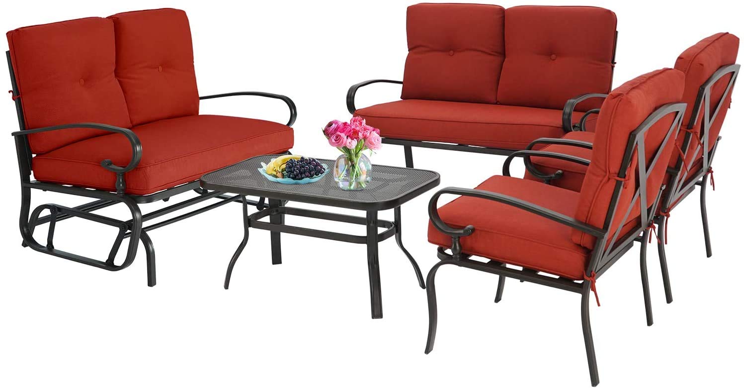 **Crownland Outdoor 5-Piece Patio Conversation Set with Swing Glider, Loveseat, Coffee Table & 2 Lounge Chairs – Metal Frame & Red Cushions – Perfect for Backyard, Garden, or Poolside Relaxation**