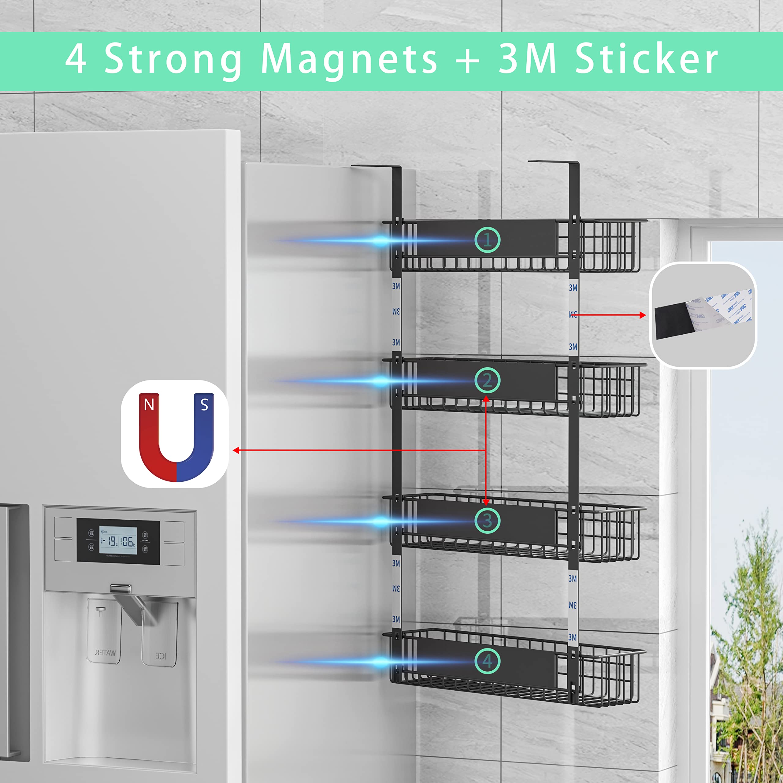 4 Tier Magnetic Spice Rack Organizer - Strong Refrigerator Spice Shelf with Utility Hooks for Kitchen Storage - Holds Seasoning Bottles, Plastic Wraps & Garbage Bags - Perfect for Pantry, Fridge & Small Space Organization (Black)