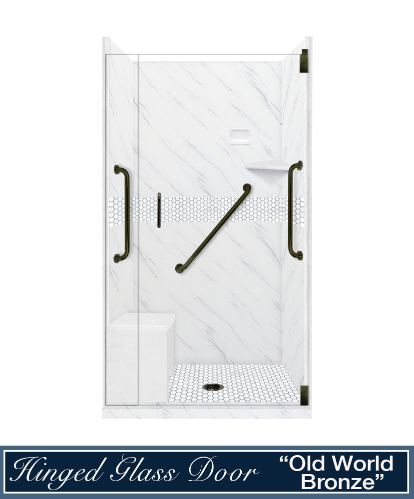 Freedom 60 Alcove Carrara Medici Marble & Pearl Hex Mosaic Tile - DIY Shower Remodel Kit for Bathroom & Backsplash Upgrade | Waterproof & Easy Installation